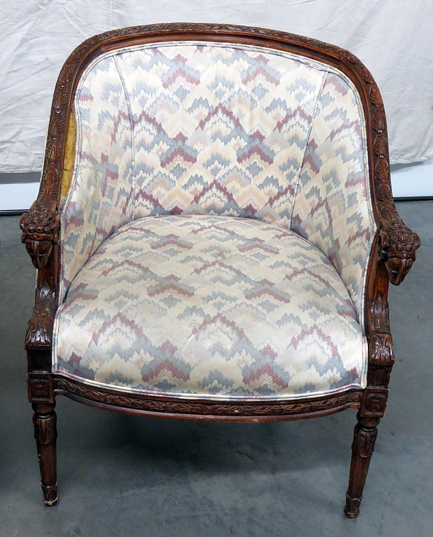 Pair of Carved Walnut French Regency Style Rams Head Club Parlor Chairs In Good Condition In Swedesboro, NJ