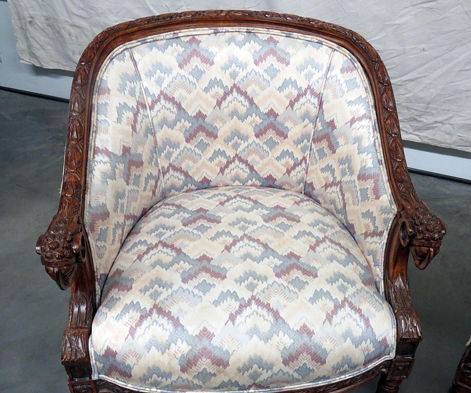Upholstery Pair of Carved Walnut French Regency Style Rams Head Club Parlor Chairs