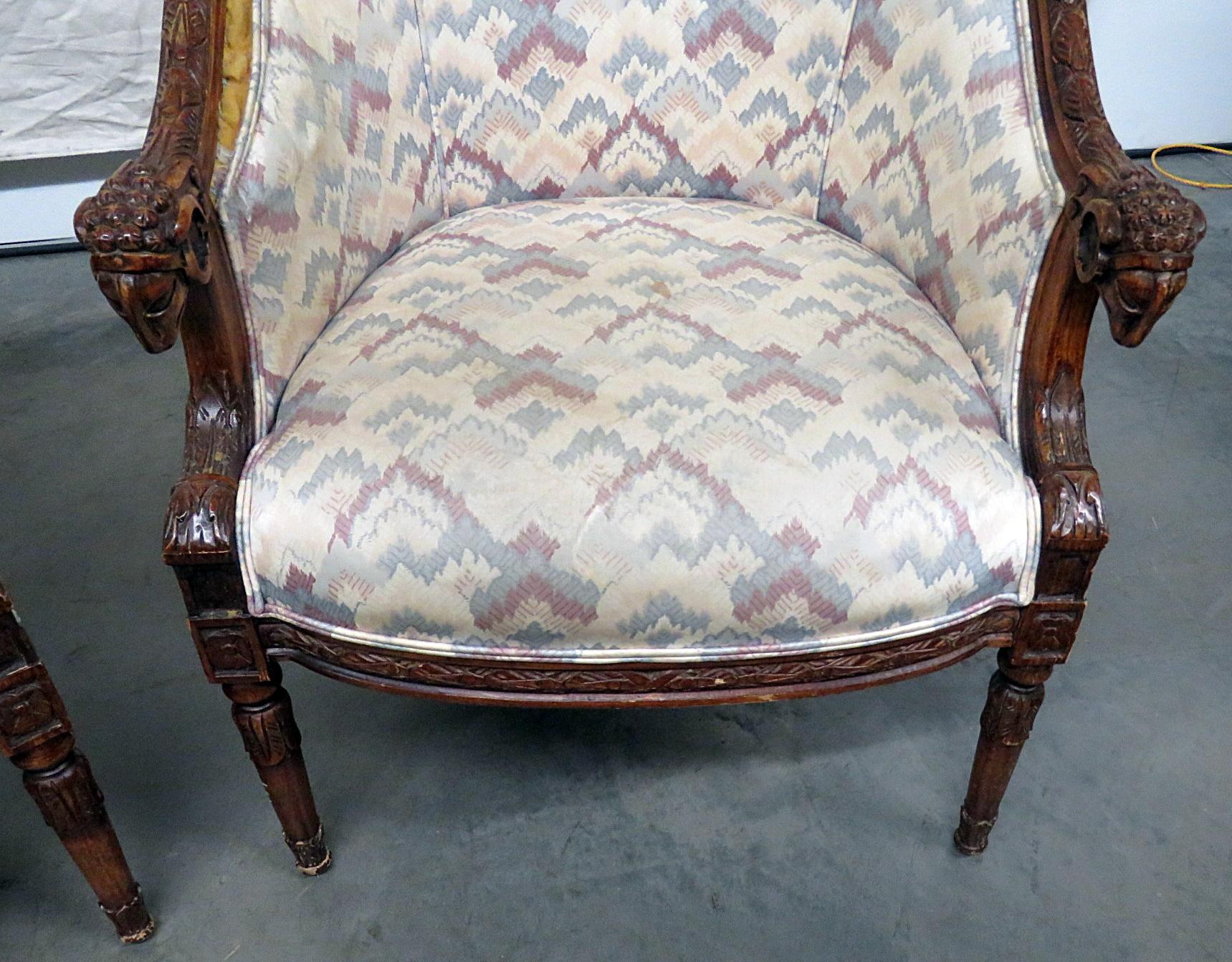 Pair of Carved Walnut French Regency Style Rams Head Club Parlor Chairs 2