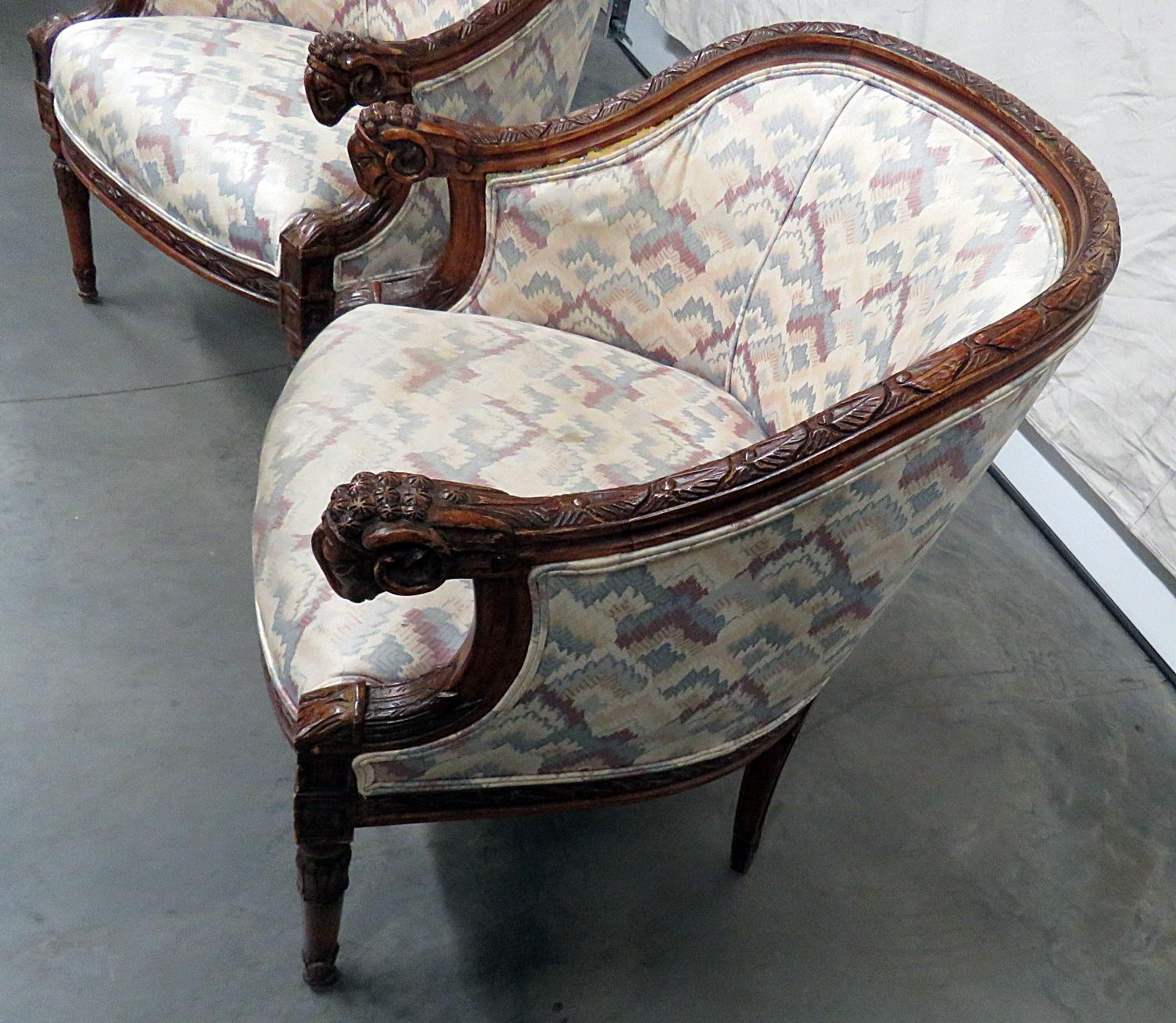 Pair of Carved Walnut French Regency Style Rams Head Club Parlor Chairs 3