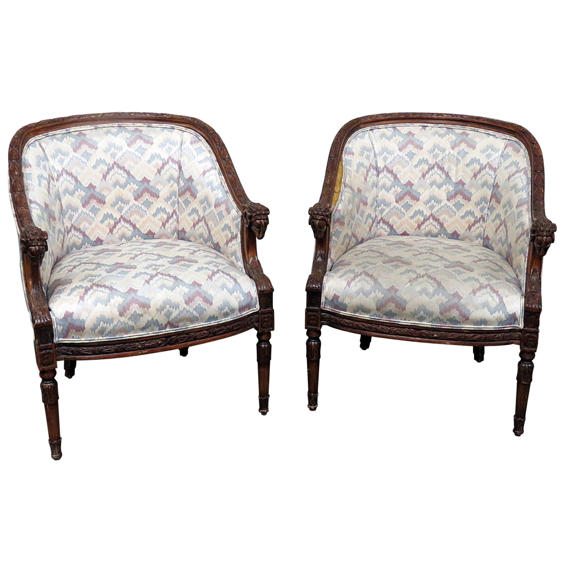 Pair of Carved Walnut French Regency Style Rams Head Club Parlor Chairs