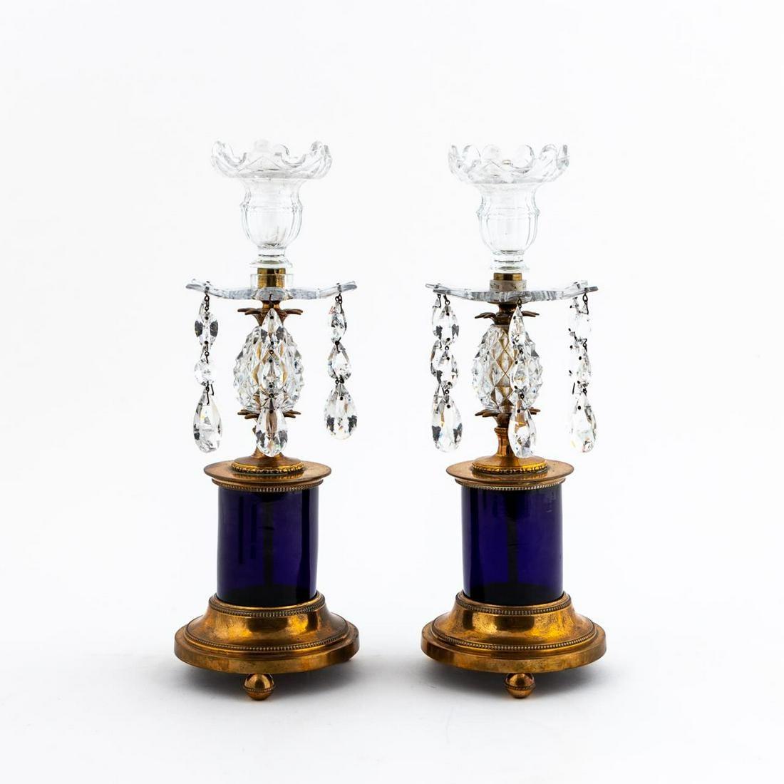 Glass Pair of Regency style Cobalt Pineapple Candlesticks For Sale