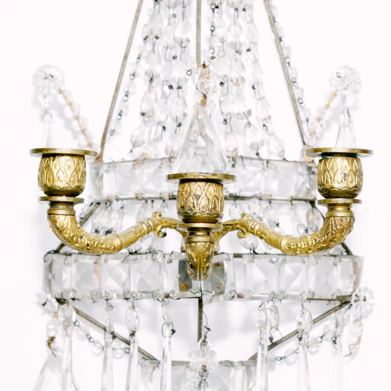 French Pair of Regency Style Crystal Wall Sconces For Sale