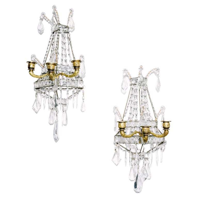 Pair of Regency Style Crystal Wall Sconces For Sale