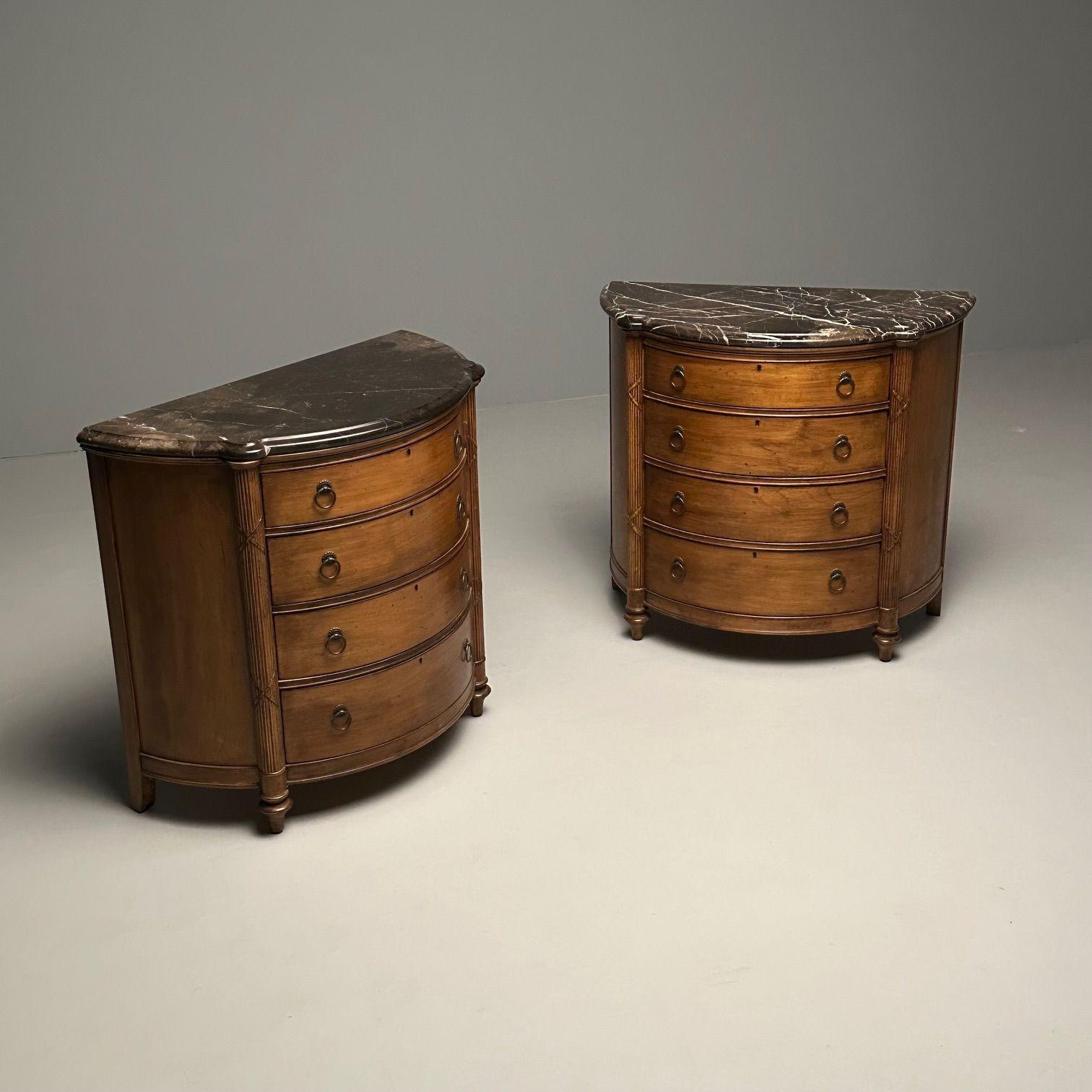 Pair of Regency Style Demilune Commodes / Cabinet, Marble Top, Walnut 5