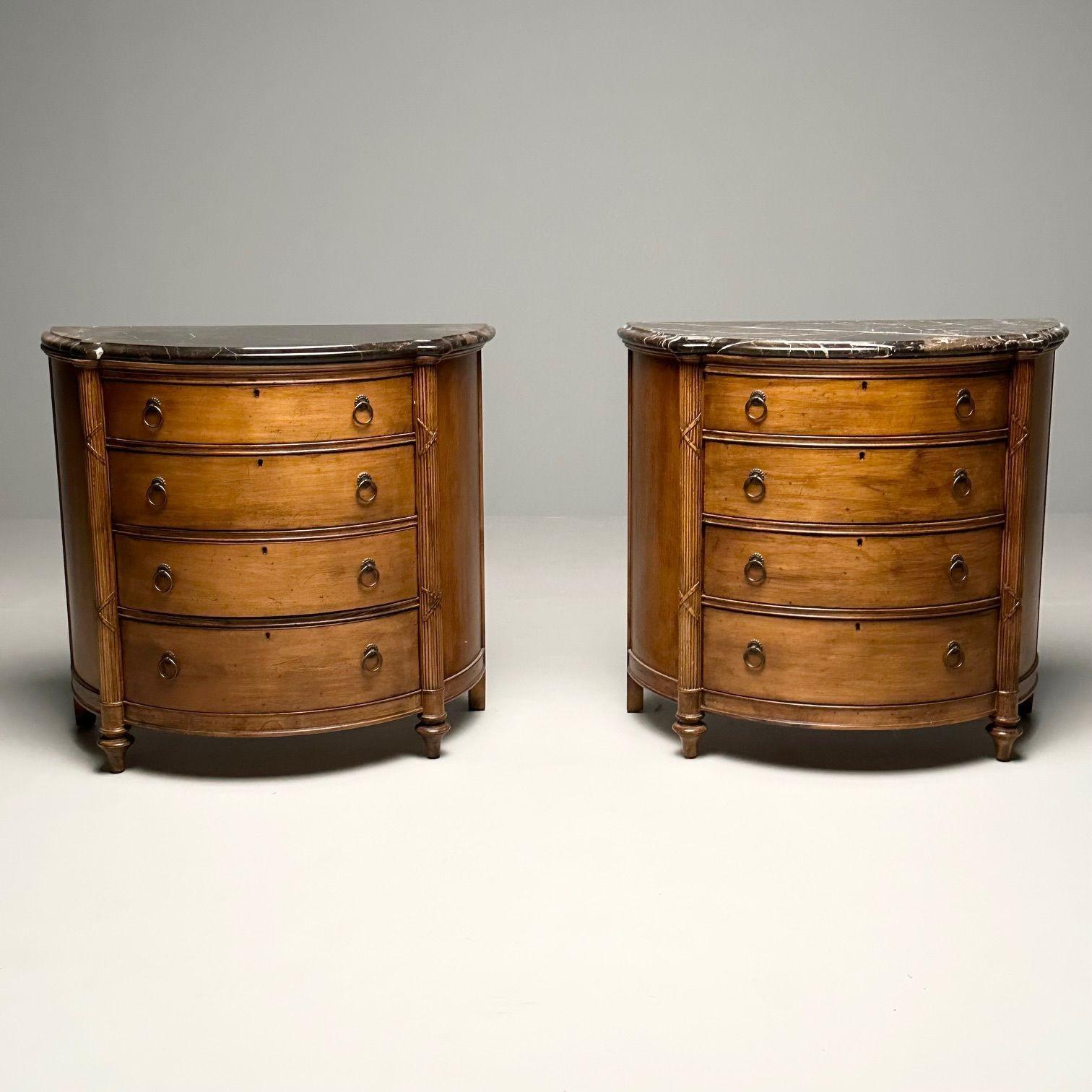Pair of Regency Style Demilune Commodes / Cabinet, Marble Top, Walnut

Large demi lune commodes or bedside stands in a nicely grained walnut finish with marble tops. The pair having four drawers with brass pulls. Priced well below market value. Good