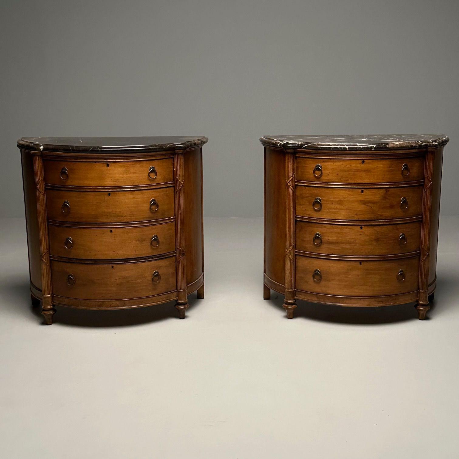 Pair of Regency Style Demilune Commodes / Cabinet, Marble Top, Walnut In Good Condition In Stamford, CT