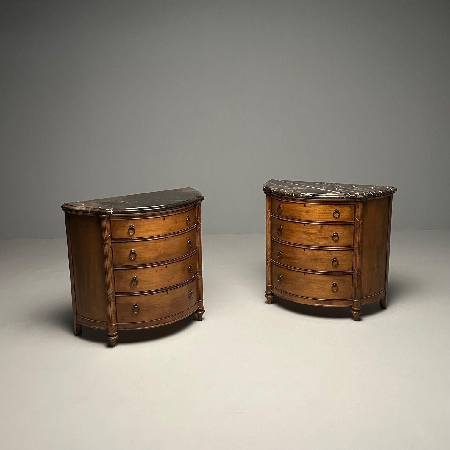 20th Century Pair of Regency Style Demilune Commodes / Cabinet, Marble Top, Walnut