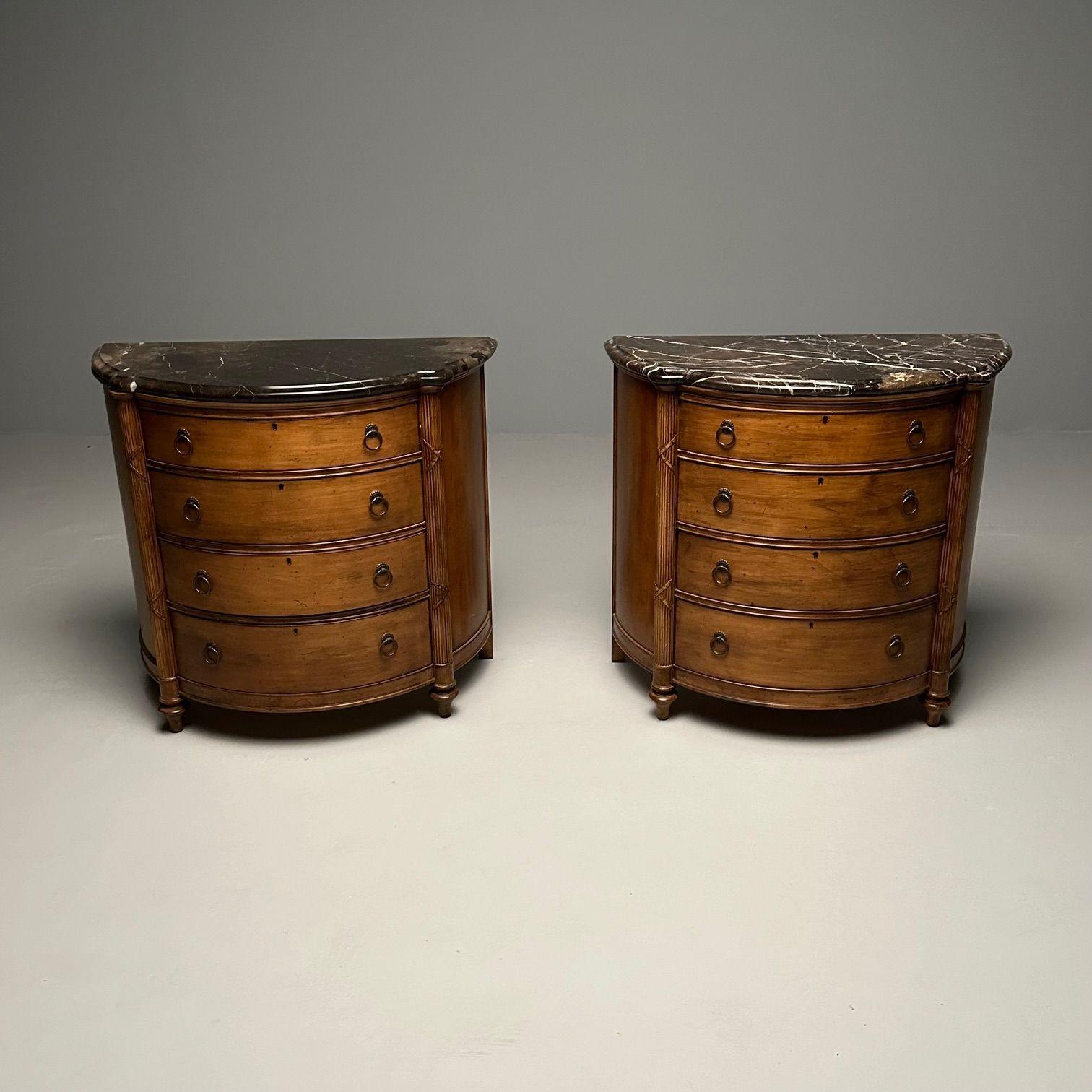 Granite Pair of Regency Style Demilune Commodes / Cabinet, Marble Top, Walnut