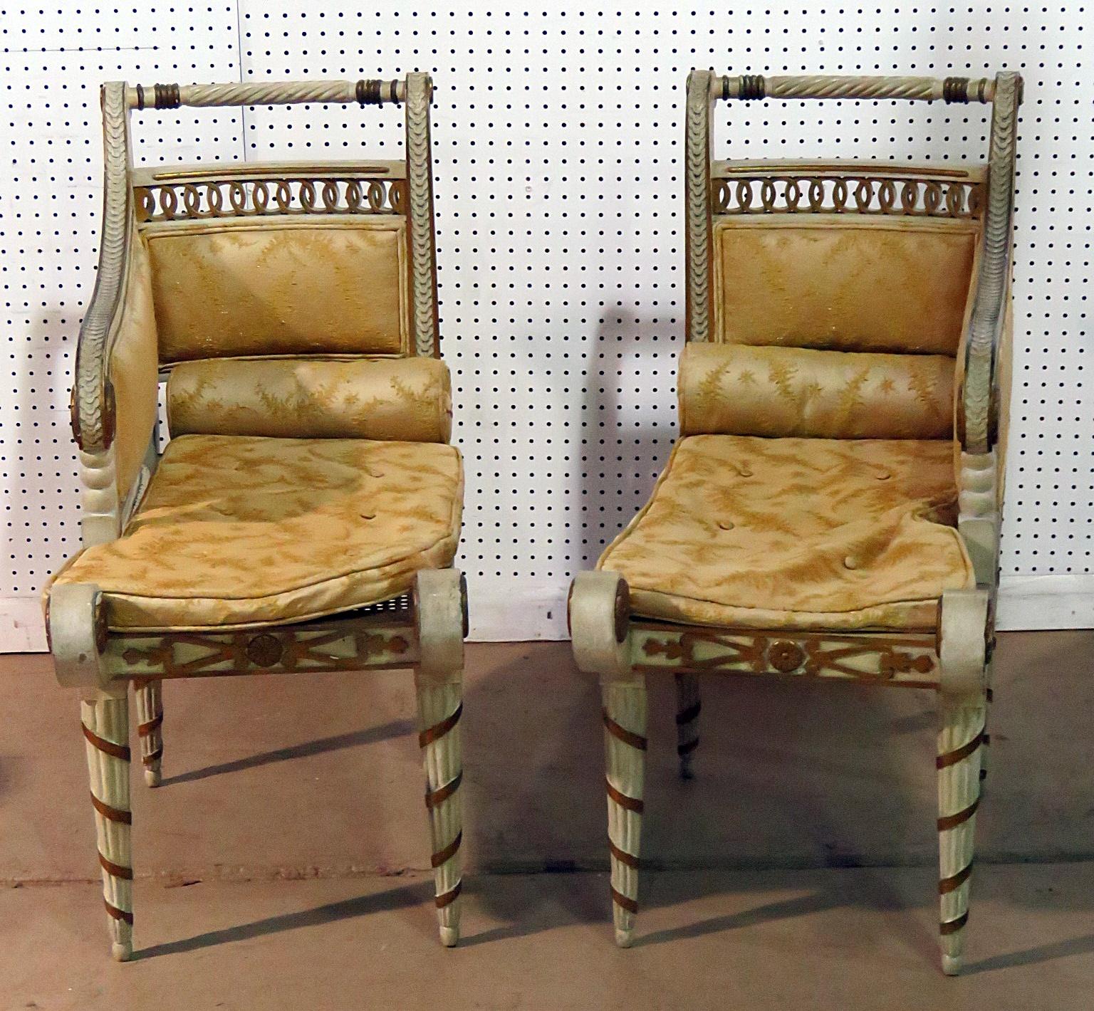 This is a very rare pair of small recamiers but proportioned as if they are larger full size versions. This Pair of petite Regency style distressed painted recamiers has removable cushions, and caned seats. The cane is damaged on one chair but we