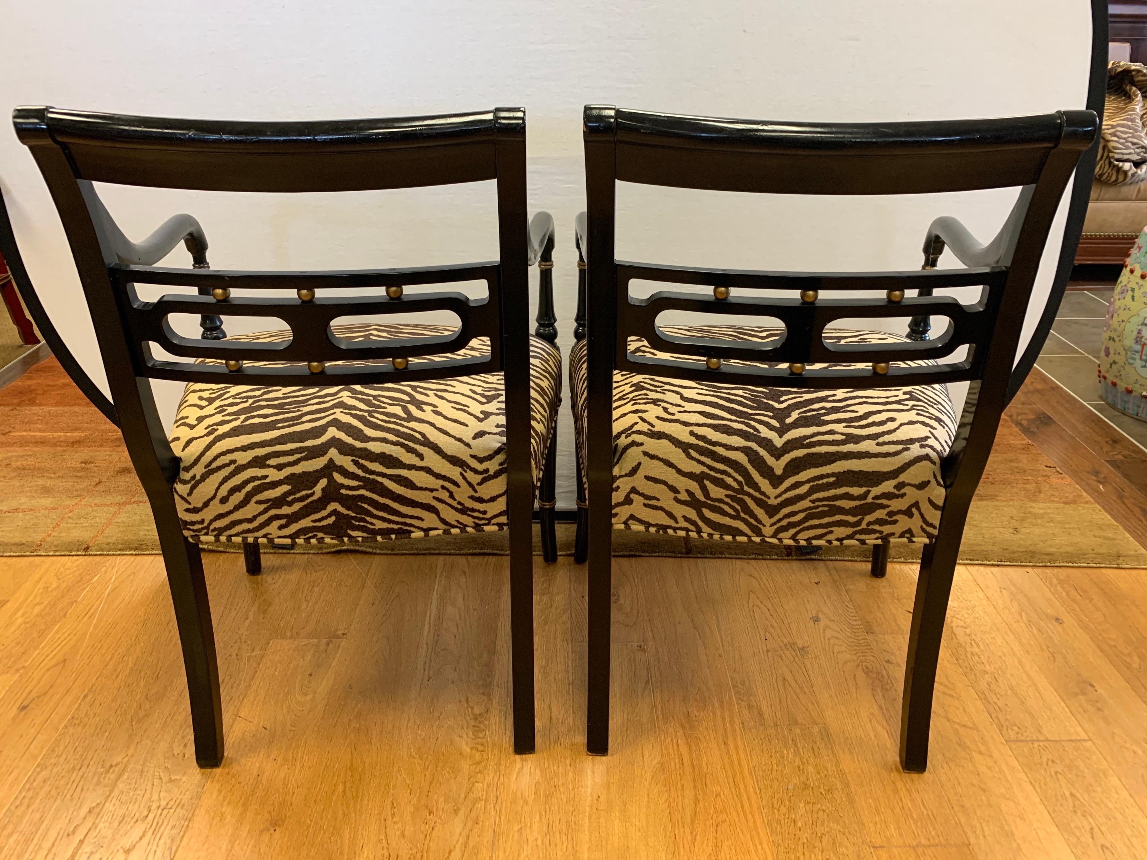 Pair of Regency Style Black Ebonized and Gold Armchairs, New Upholstery 7