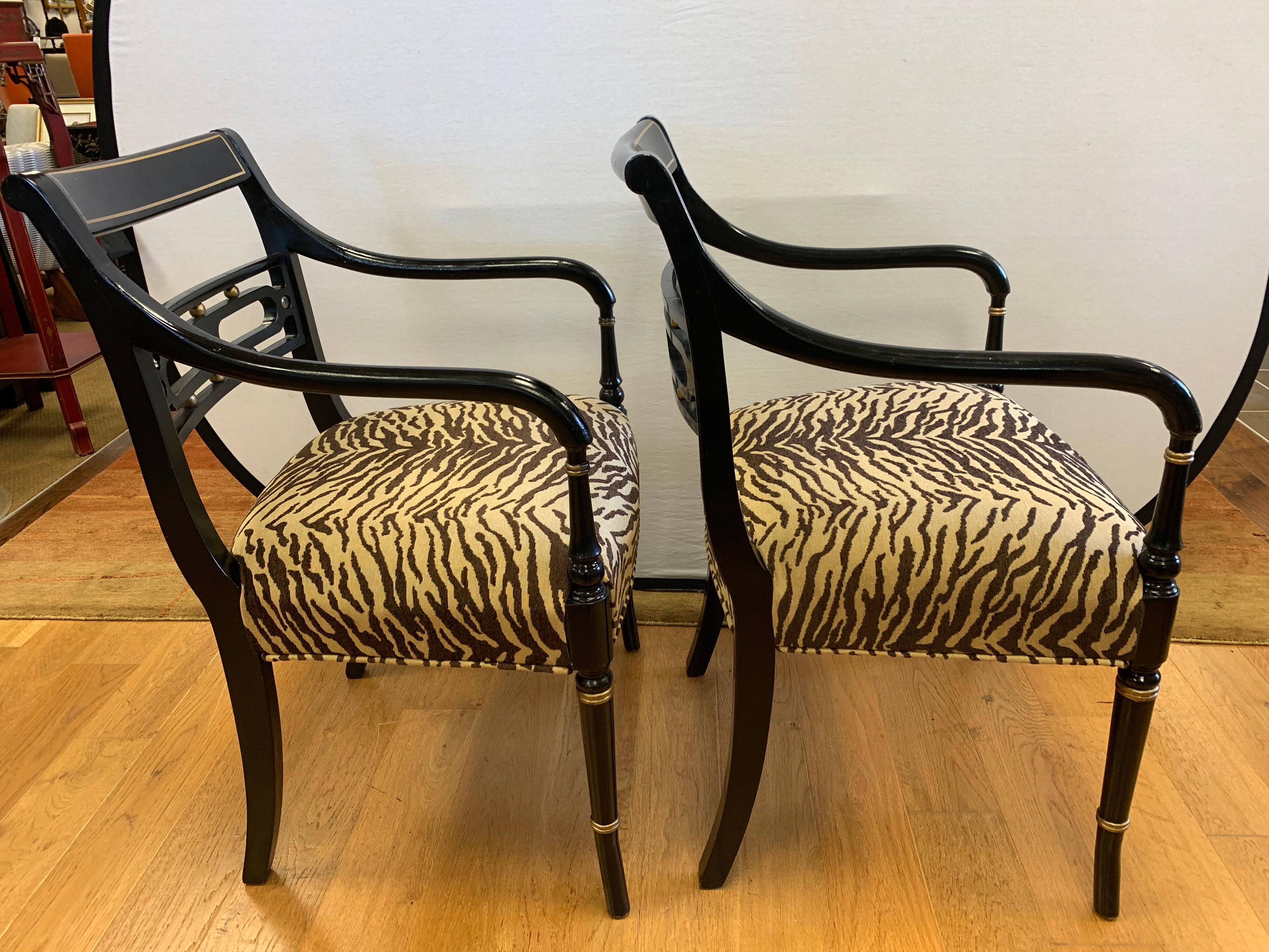 Pair of Regency Style Black Ebonized and Gold Armchairs, New Upholstery 9