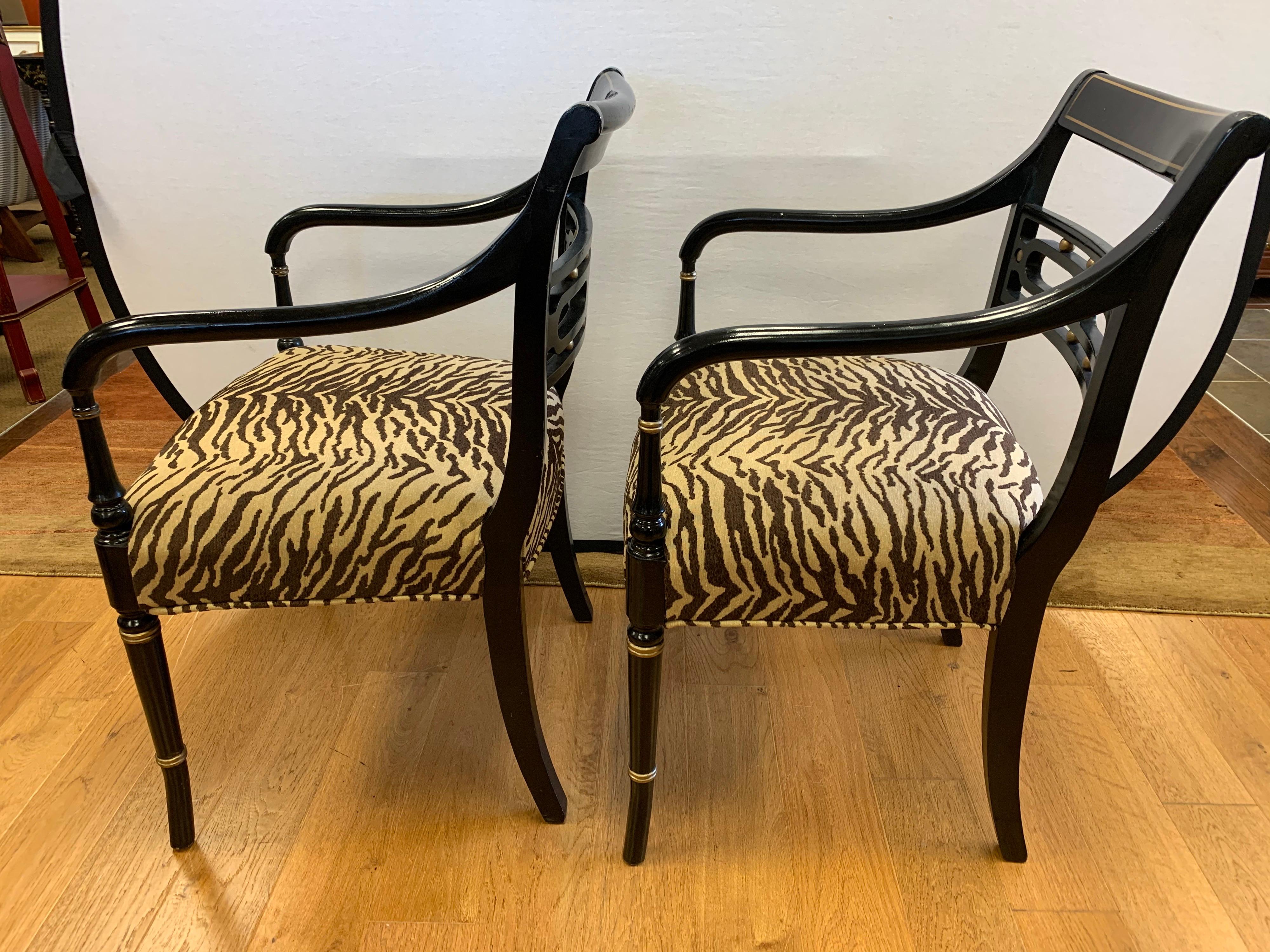 Pair of Regency Style Black Ebonized and Gold Armchairs, New Upholstery 10