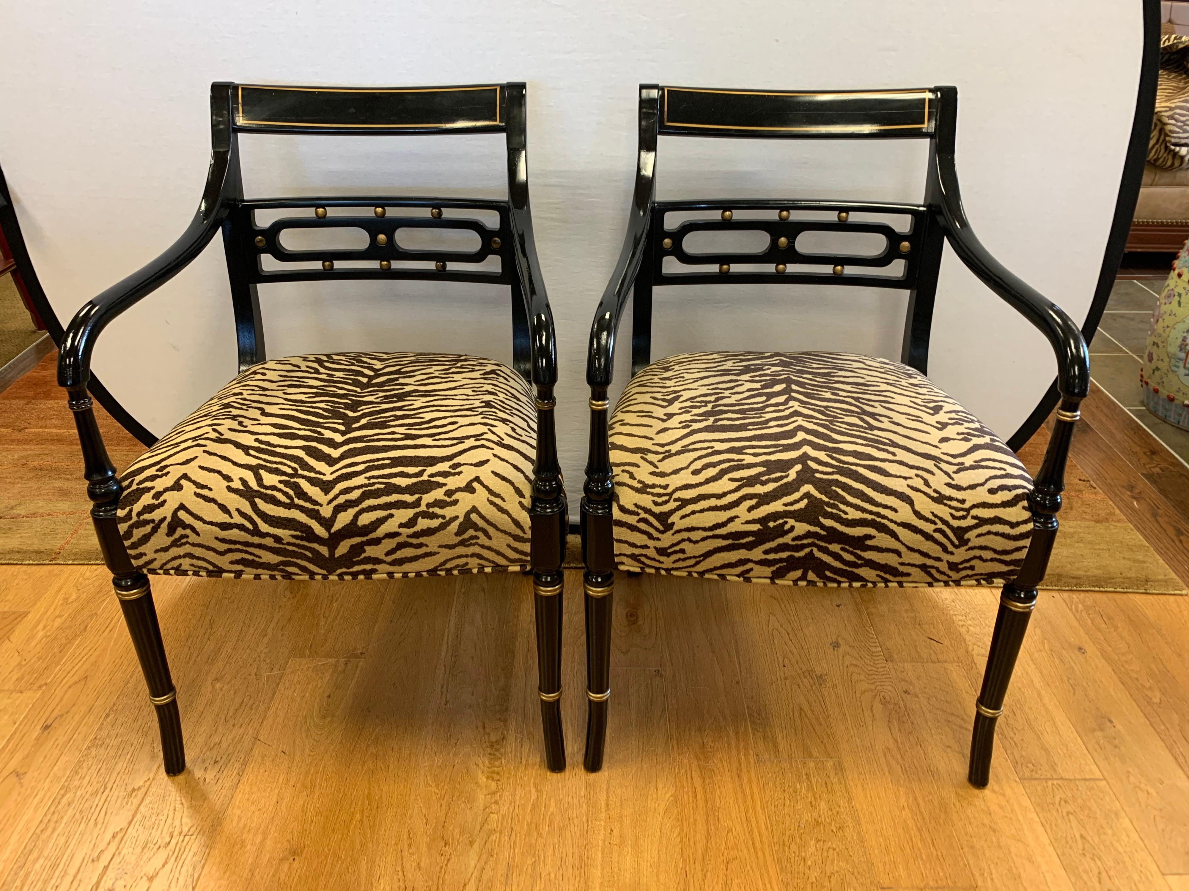 Pair of Regency Style Black Ebonized and Gold Armchairs, New Upholstery In Good Condition In West Hartford, CT