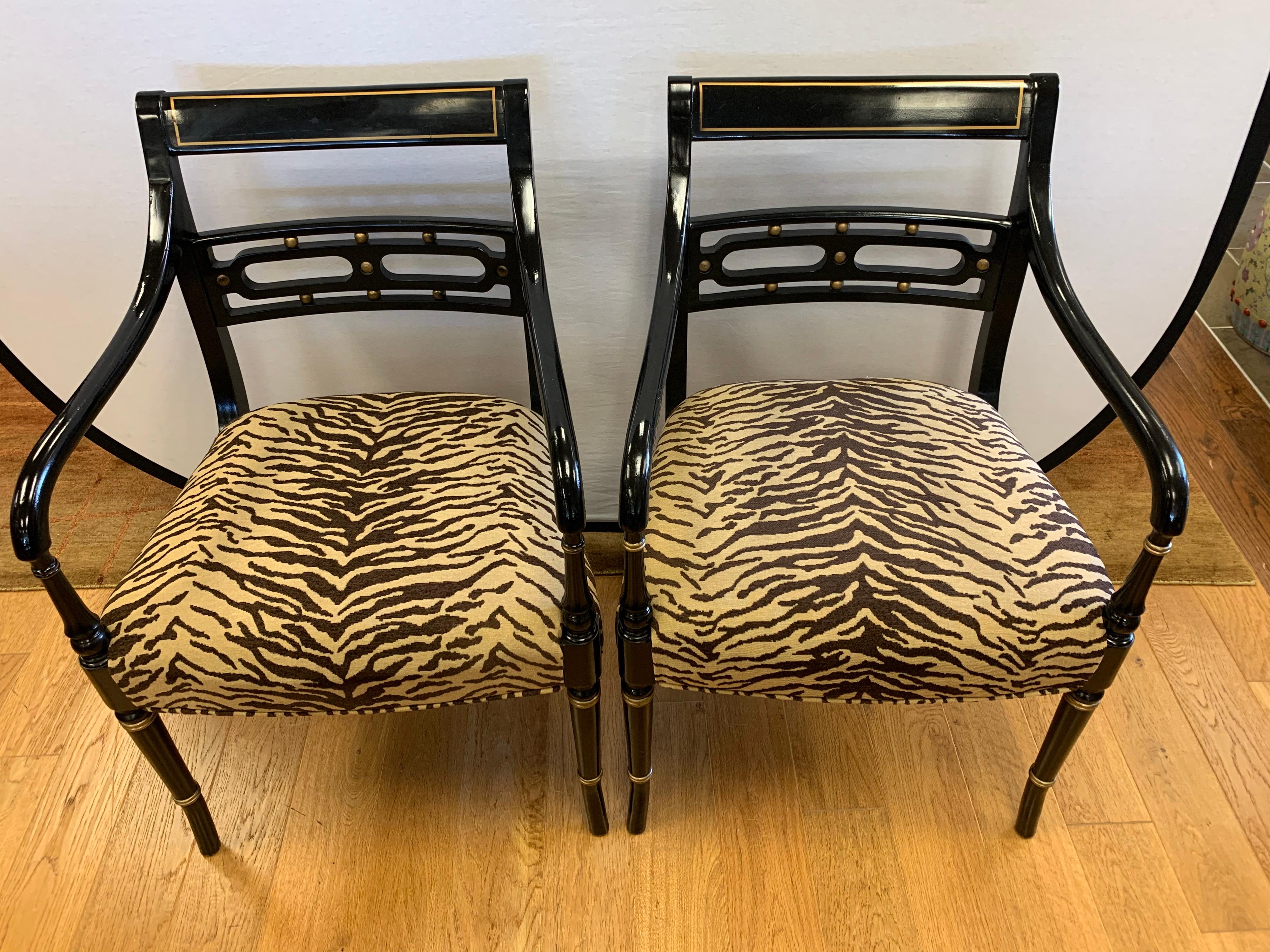 20th Century Pair of Regency Style Black Ebonized and Gold Armchairs, New Upholstery