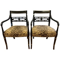 Vintage Pair of Regency Style Black Ebonized and Gold Armchairs, New Upholstery
