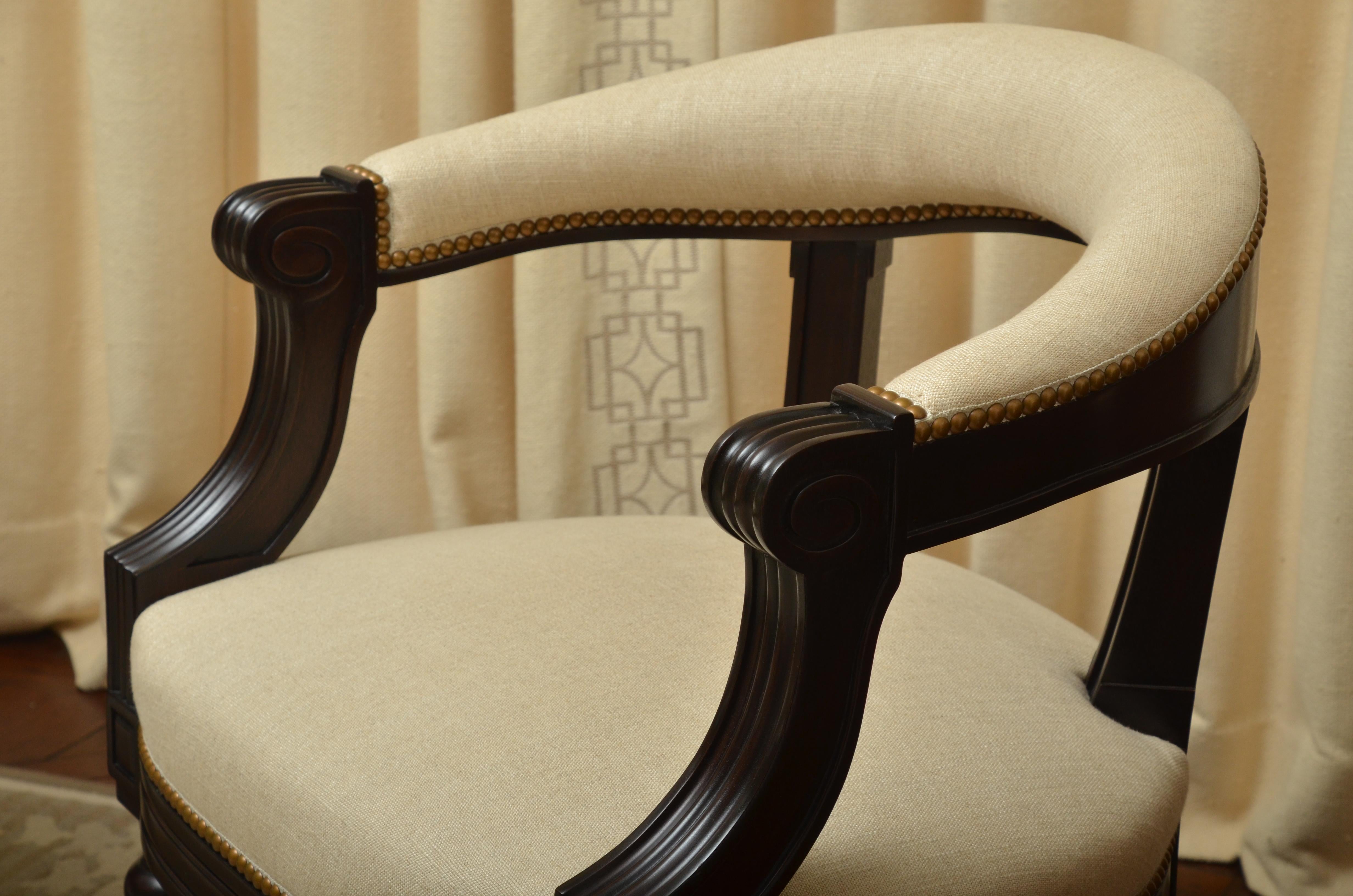 Pair of Regency Style Ebonized Barrel Back Armchairs In Good Condition In New York, NY