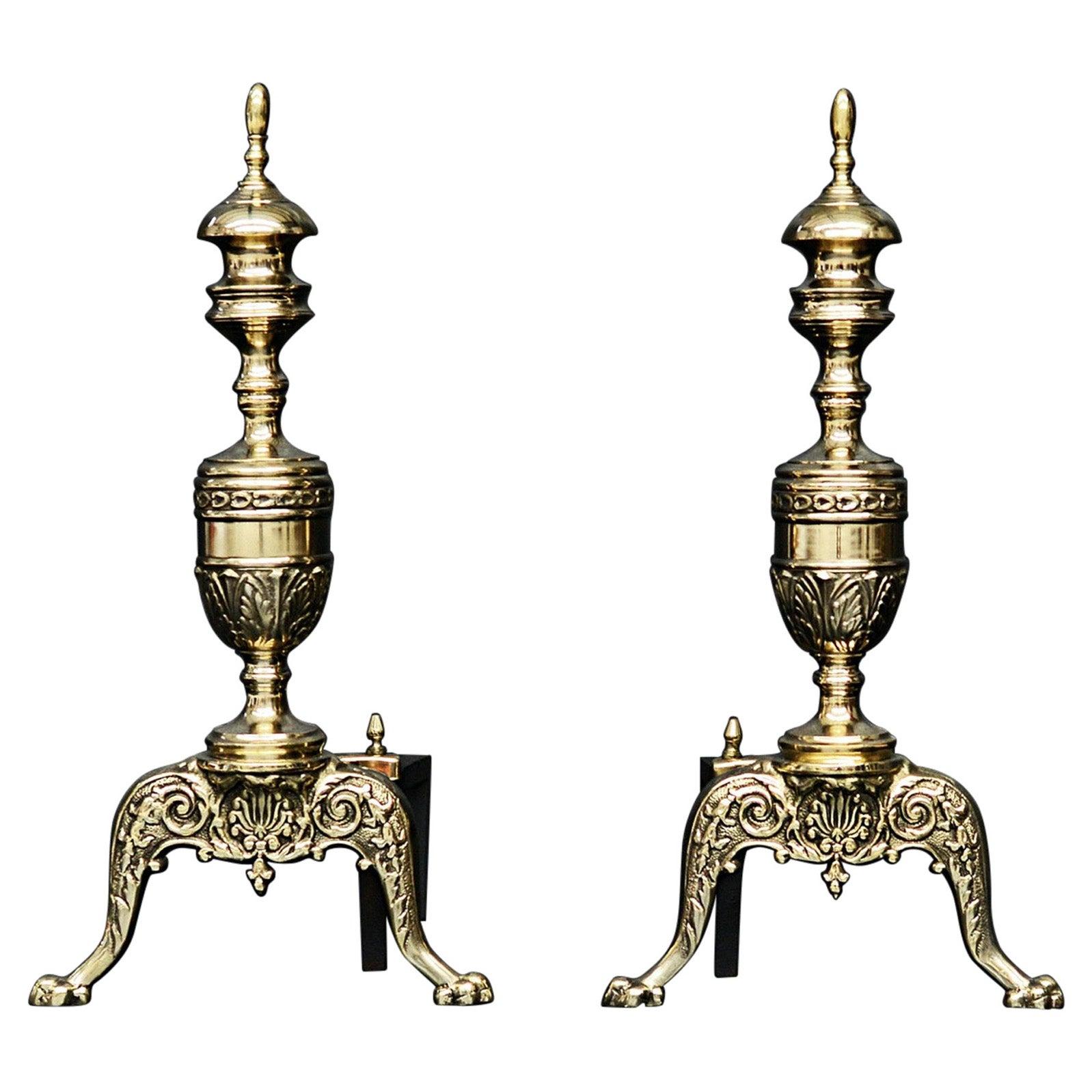 Pair of Regency Style English Brass Andirons For Sale