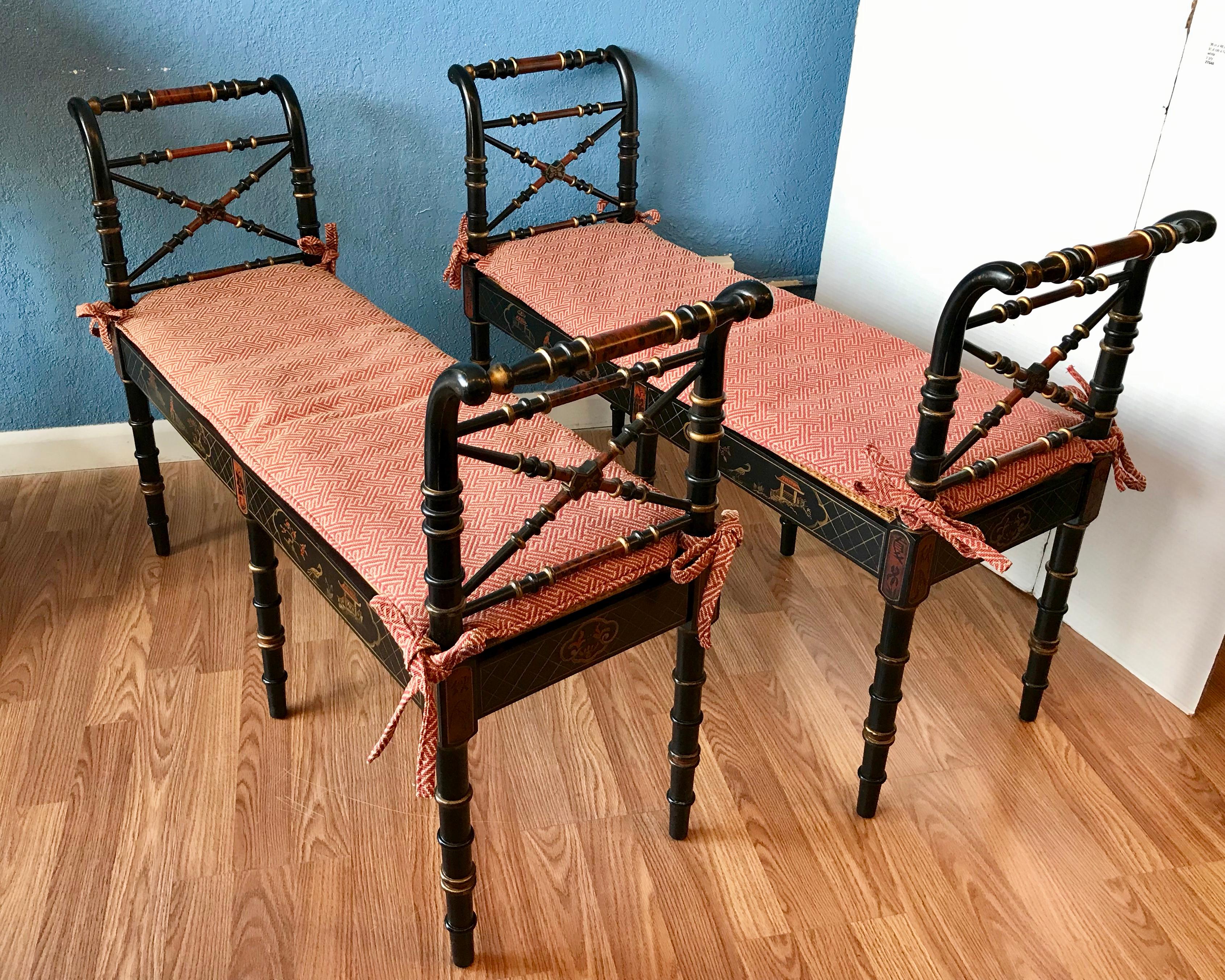 Exceptionally well detailed; the benches are beautifully painted and appointed 
with faux tortoise accents. The seats are caned and fitted with loose fitted cushions.