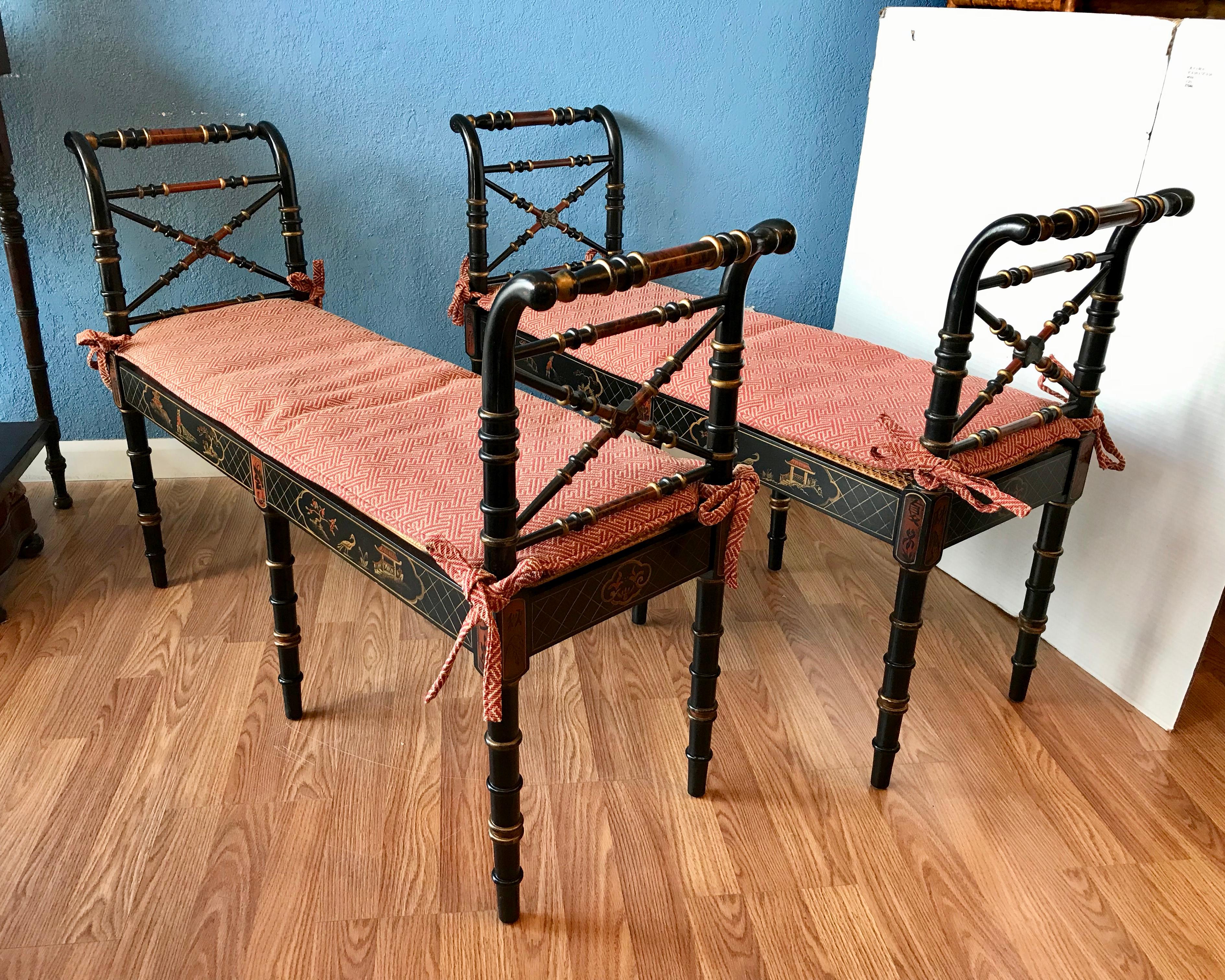 American Pair of Regency Style Faux Bamboo Benches