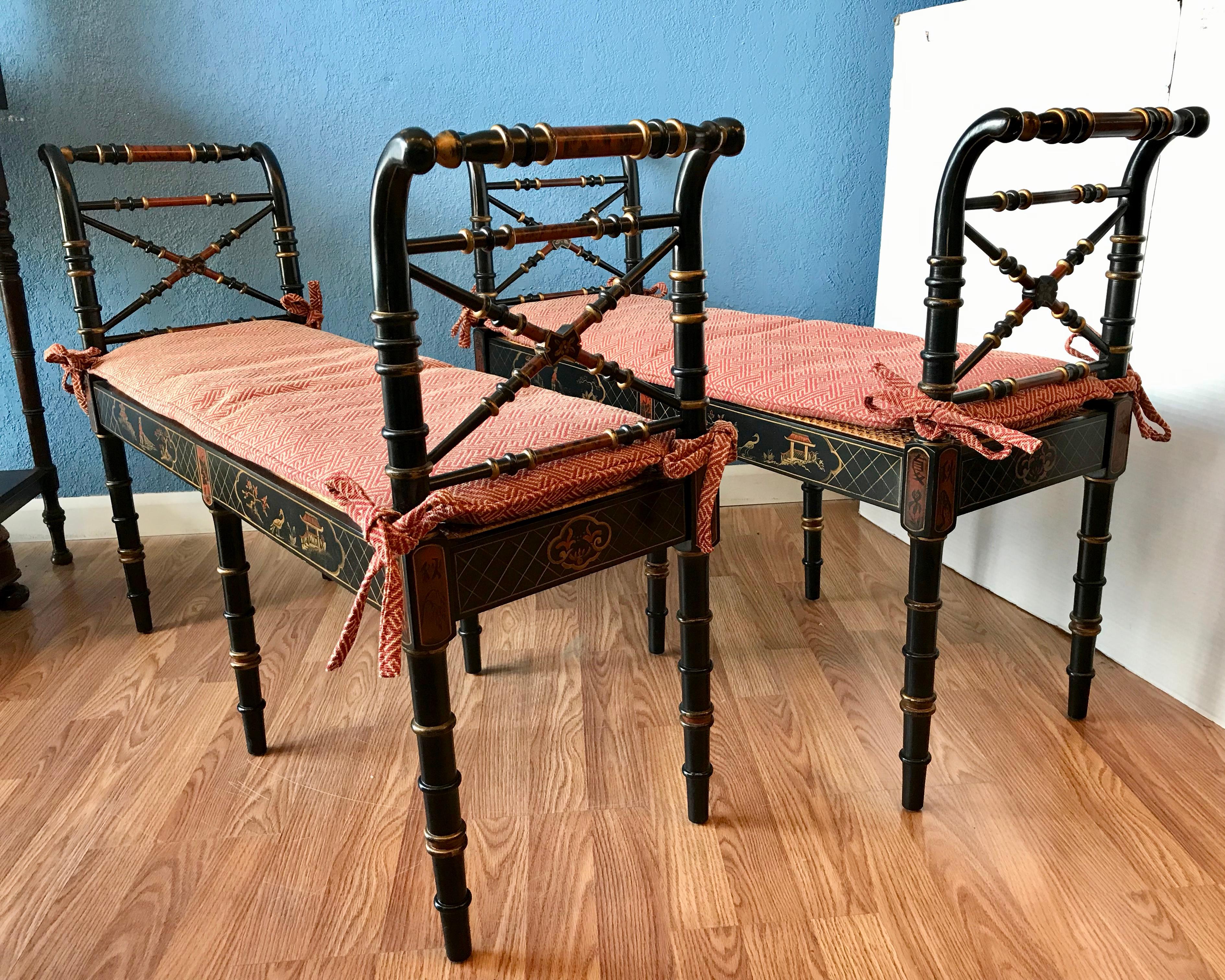 Painted Pair of Regency Style Faux Bamboo Benches