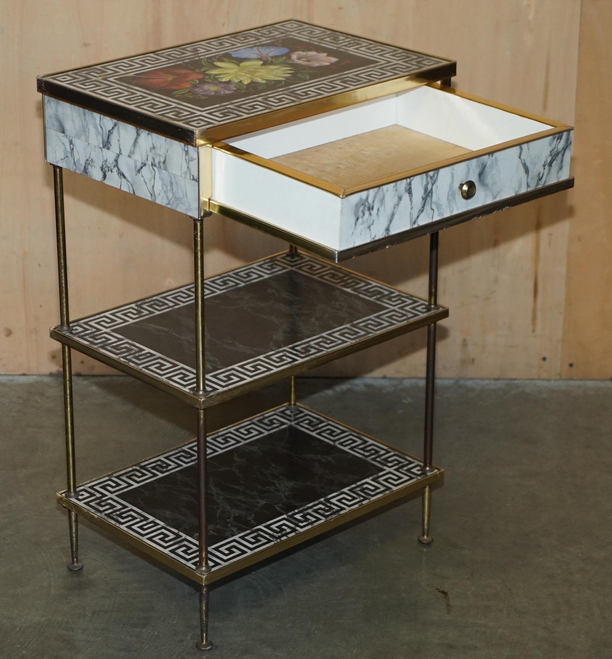 PAIR OF REGENCY STYLE FAUX MARBLE THREE TIERED ETAGERES SIDE END TABLES DRAWERs For Sale 2