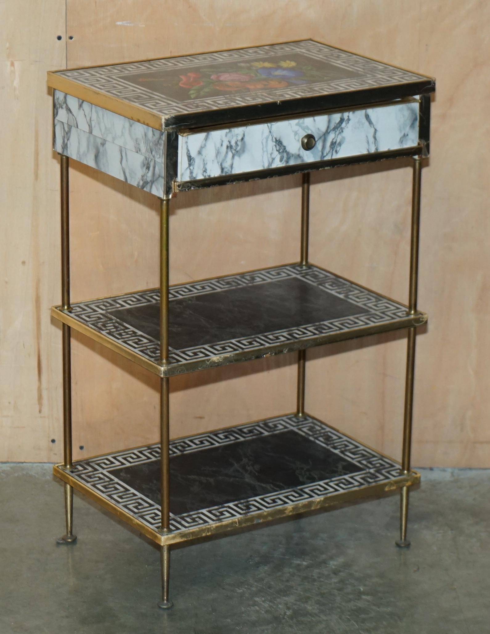 PAIR OF REGENCY STYLE FAUX MARBLE THREE TIERED ETAGERES SIDE END TABLES DRAWERs For Sale 4