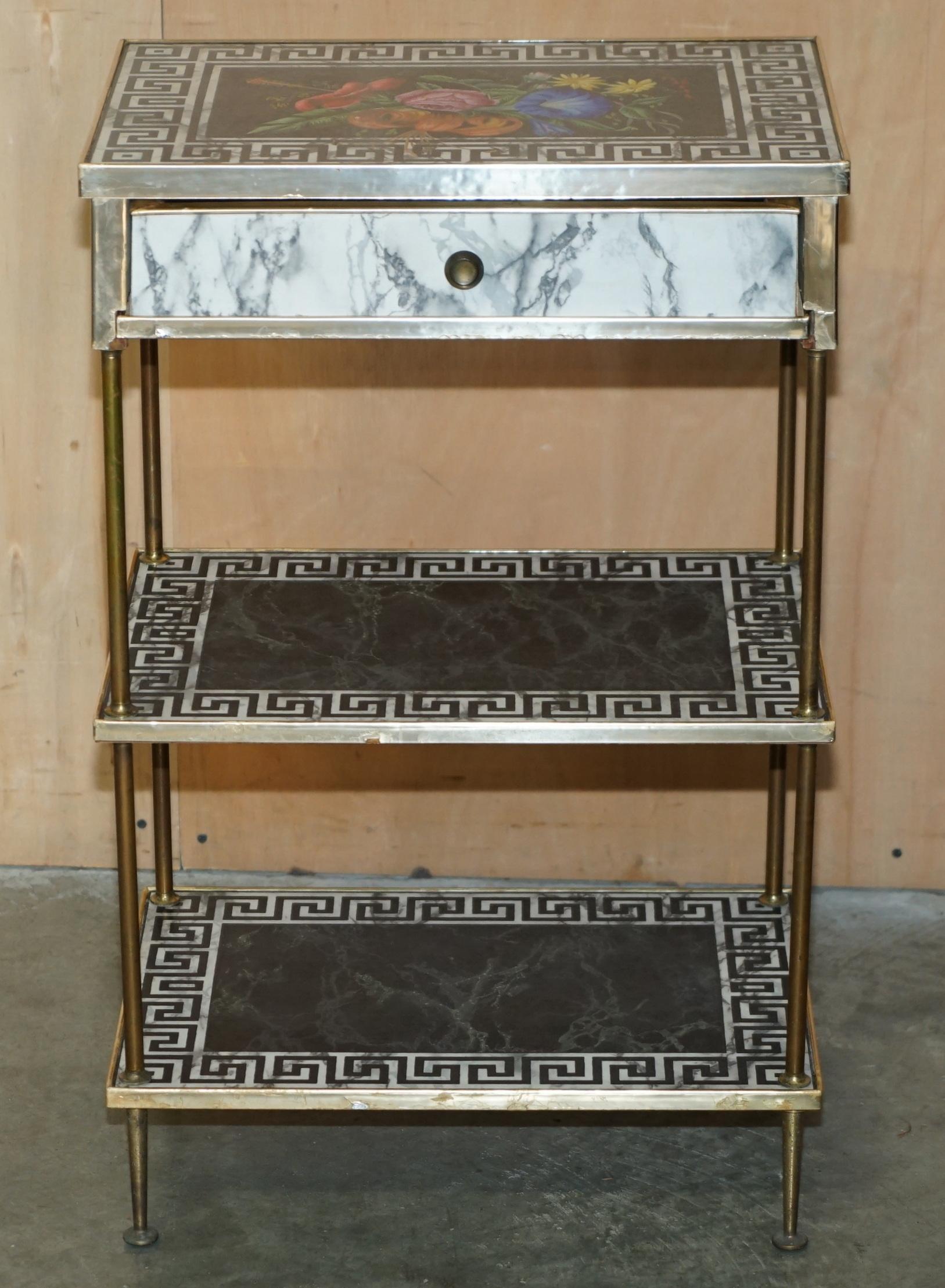 PAIR OF REGENCY STYLE FAUX MARBLE THREE TIERED ETAGERES SIDE END TABLES DRAWERs For Sale 5