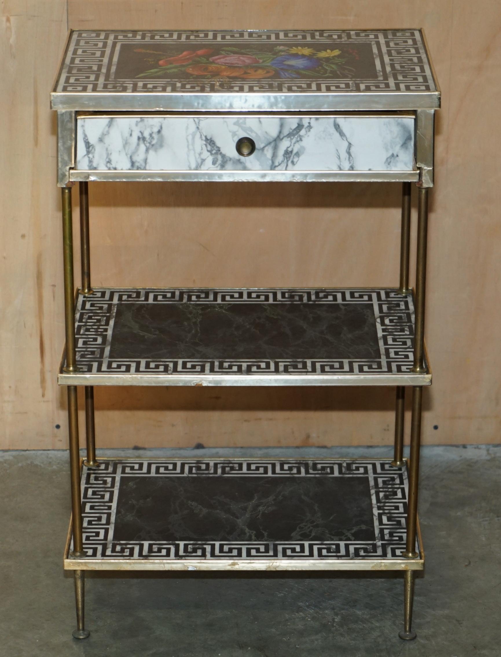PAIR OF REGENCY STYLE FAUX MARBLE THREE TIERED ETAGERES SIDE END TABLES DRAWERs For Sale 8