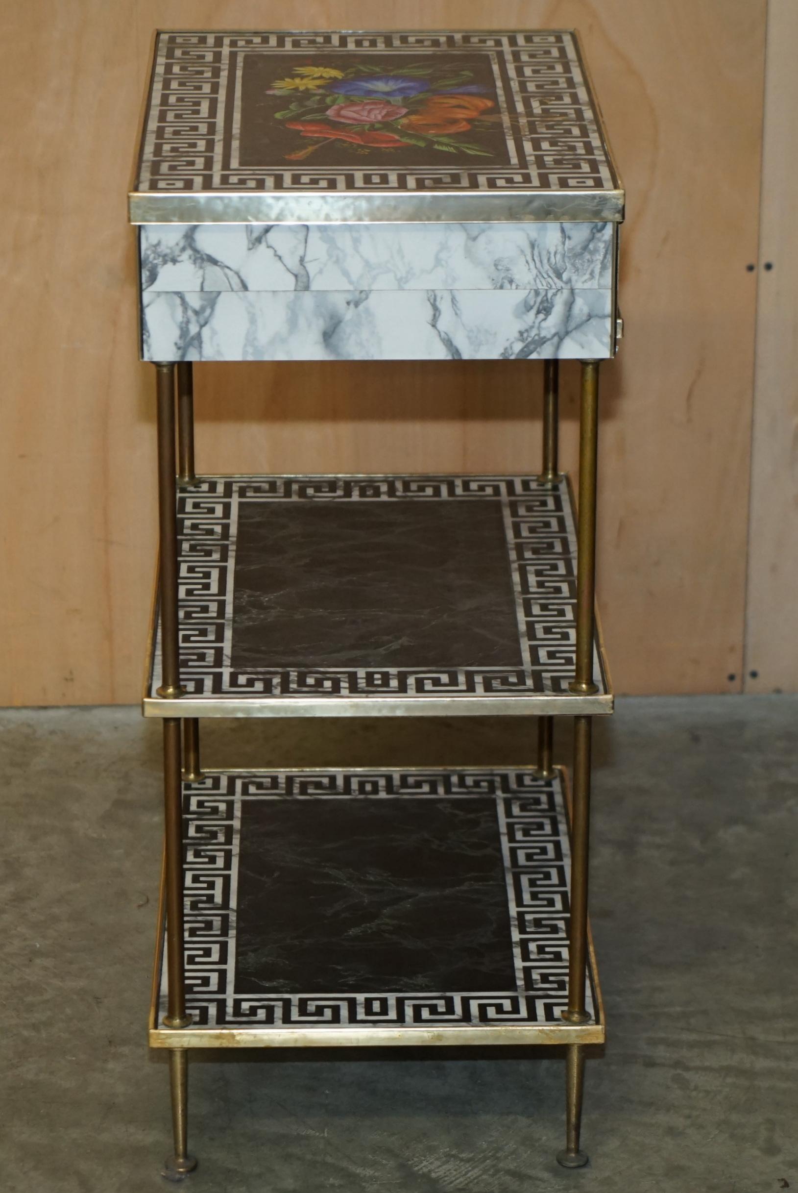 PAIR OF REGENCY STYLE FAUX MARBLE THREE TIERED ETAGERES SIDE END TABLES DRAWERs For Sale 10