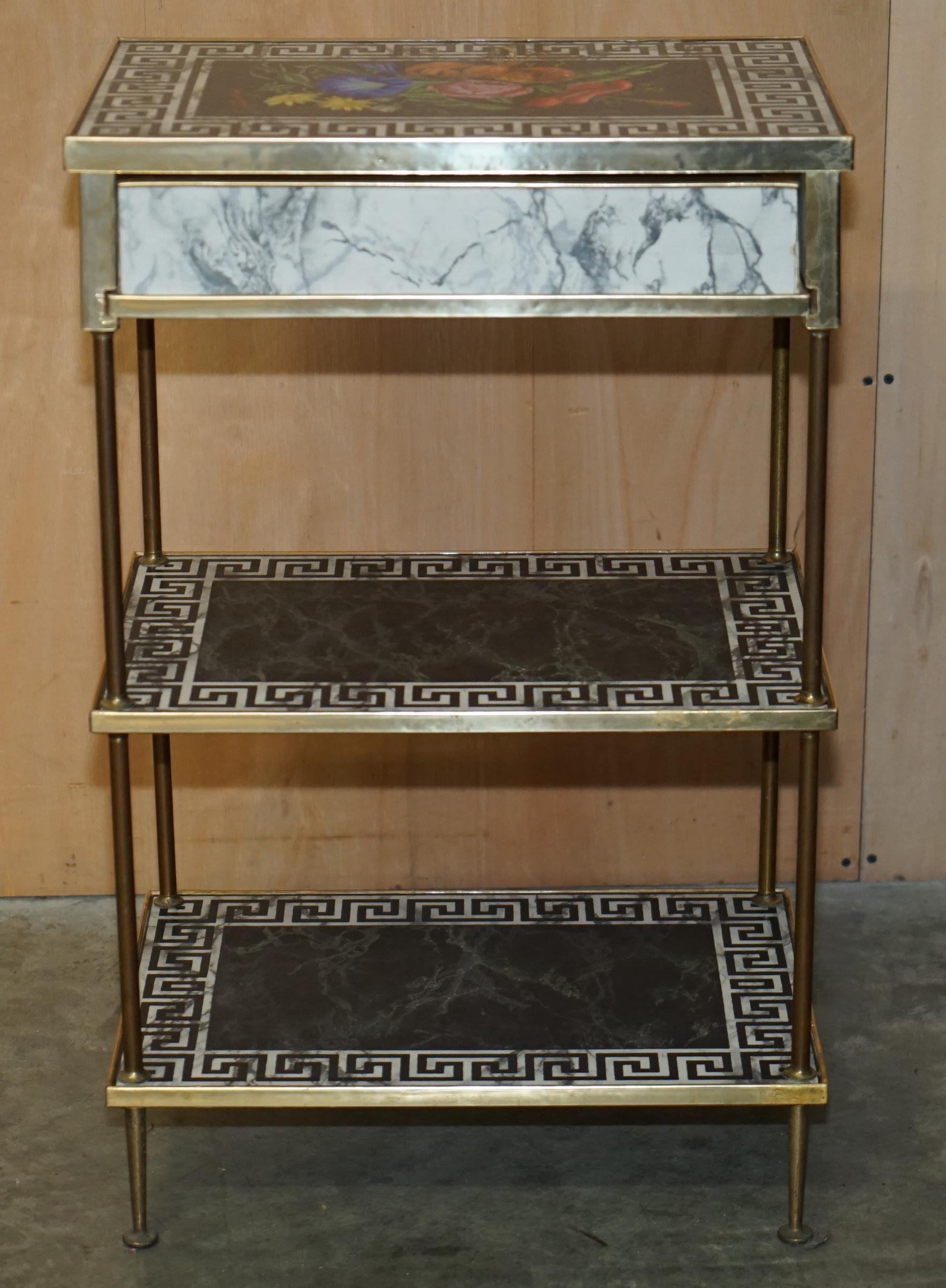 PAIR OF REGENCY STYLE FAUX MARBLE THREE TIERED ETAGERES SIDE END TABLES DRAWERs For Sale 11