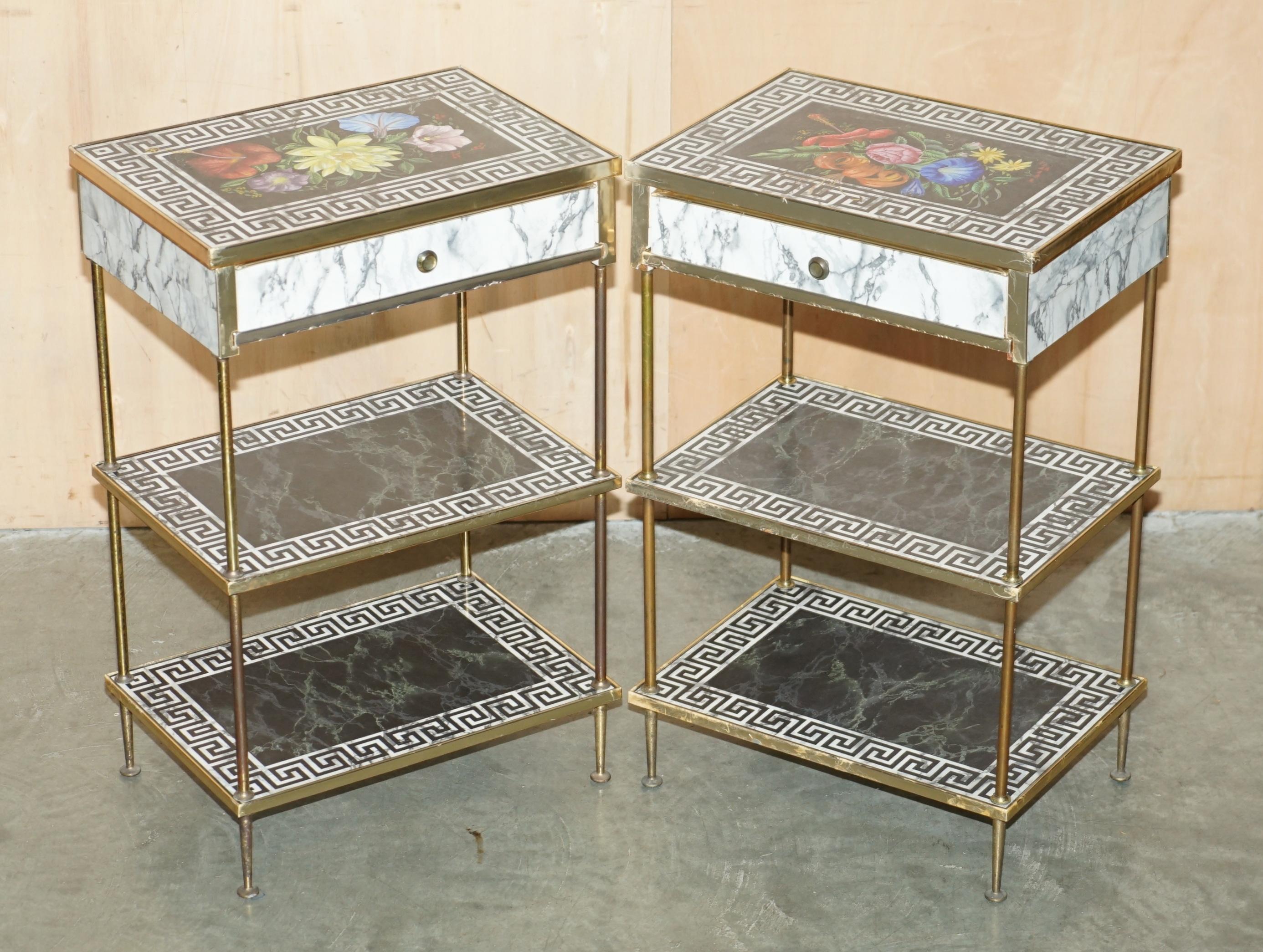 Royal House Antiques

Royal House Antiques is delighted to offer for sale this stunning pair of vintage circa 1950-1960 Etageres side tables with bronzed frames, brass fittings and faux marble Formica tops with Greek Key patterns 

Please note the