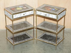 PAIR OF REGENCY STYLE FAUX MARBLE THREE TIERED ETAGERES SIDE END TABLES DRAWERs