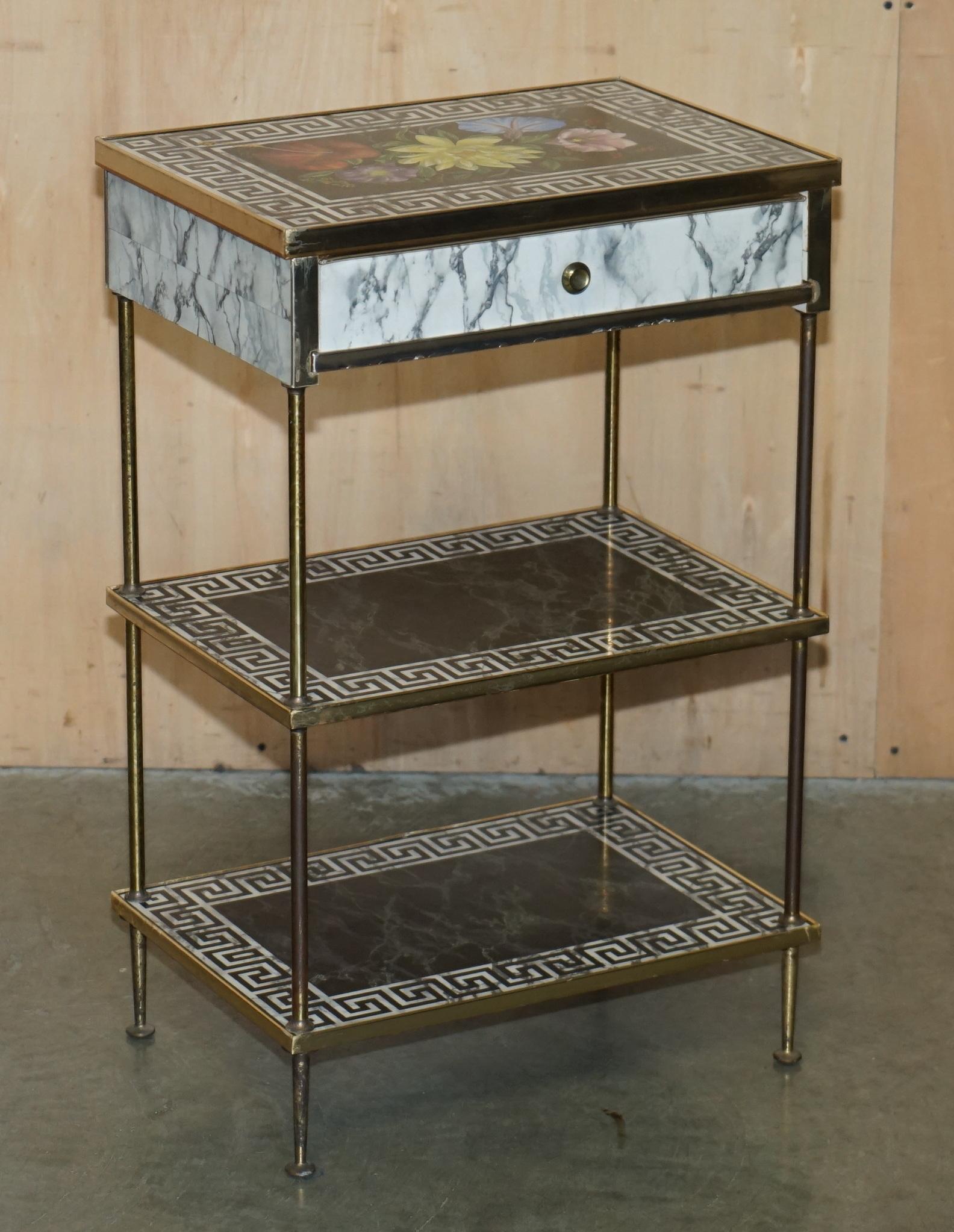 Regency PAIR OF REGENCY STYLE FAUX MARBLE THREE TIERED ETAGERES SIDE END TABLES DRAWERs For Sale