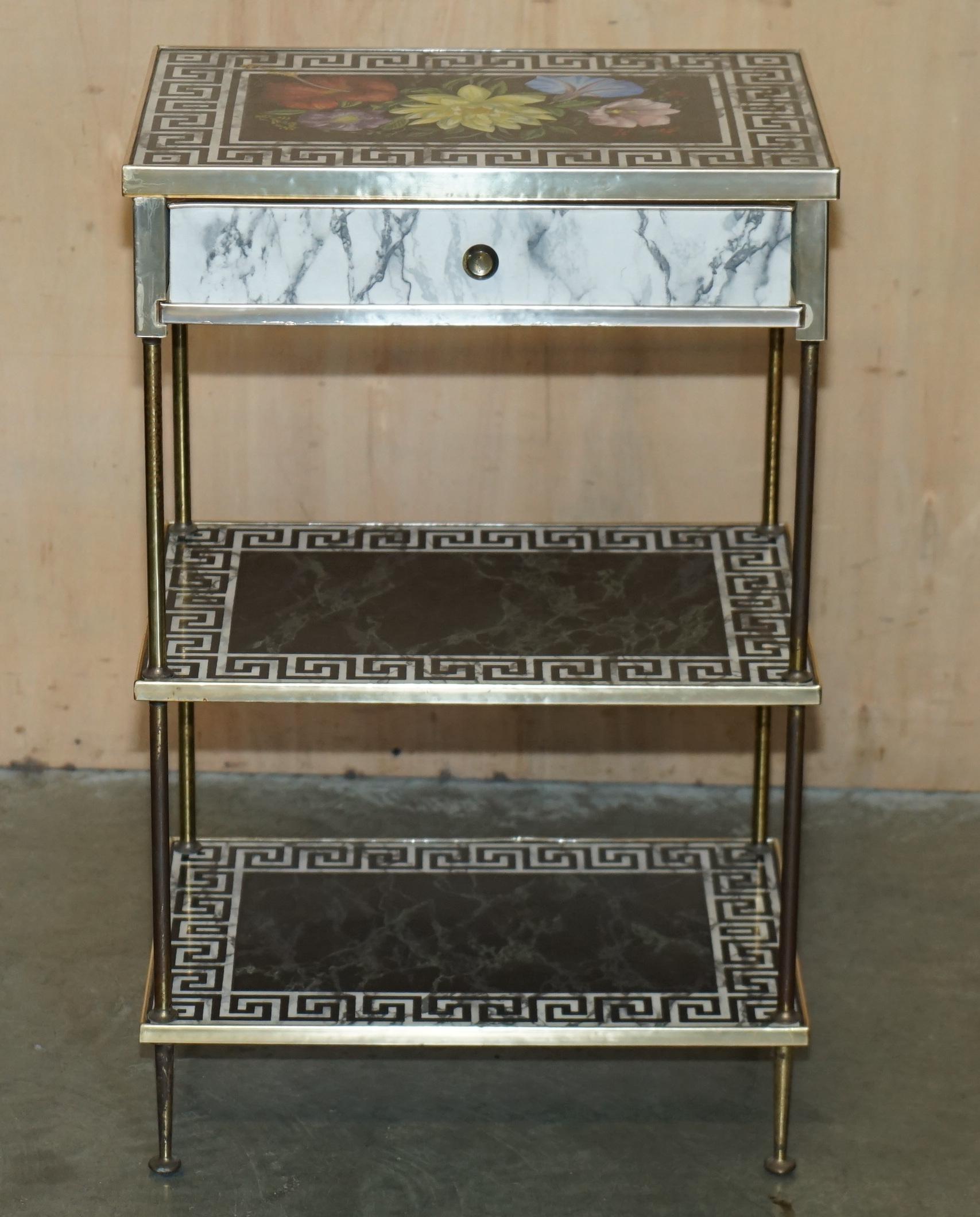English PAIR OF REGENCY STYLE FAUX MARBLE THREE TIERED ETAGERES SIDE END TABLES DRAWERs For Sale
