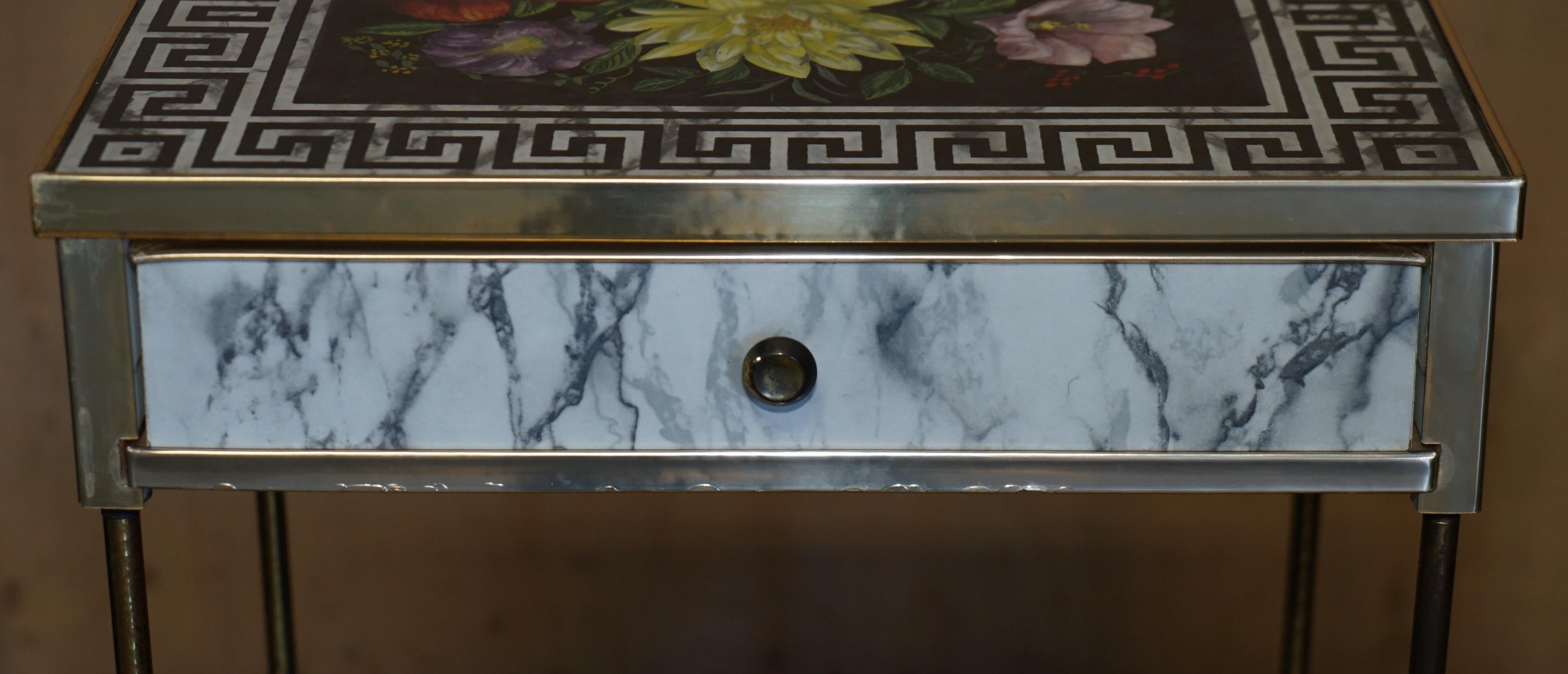 Mid-20th Century PAIR OF REGENCY STYLE FAUX MARBLE THREE TIERED ETAGERES SIDE END TABLES DRAWERs For Sale