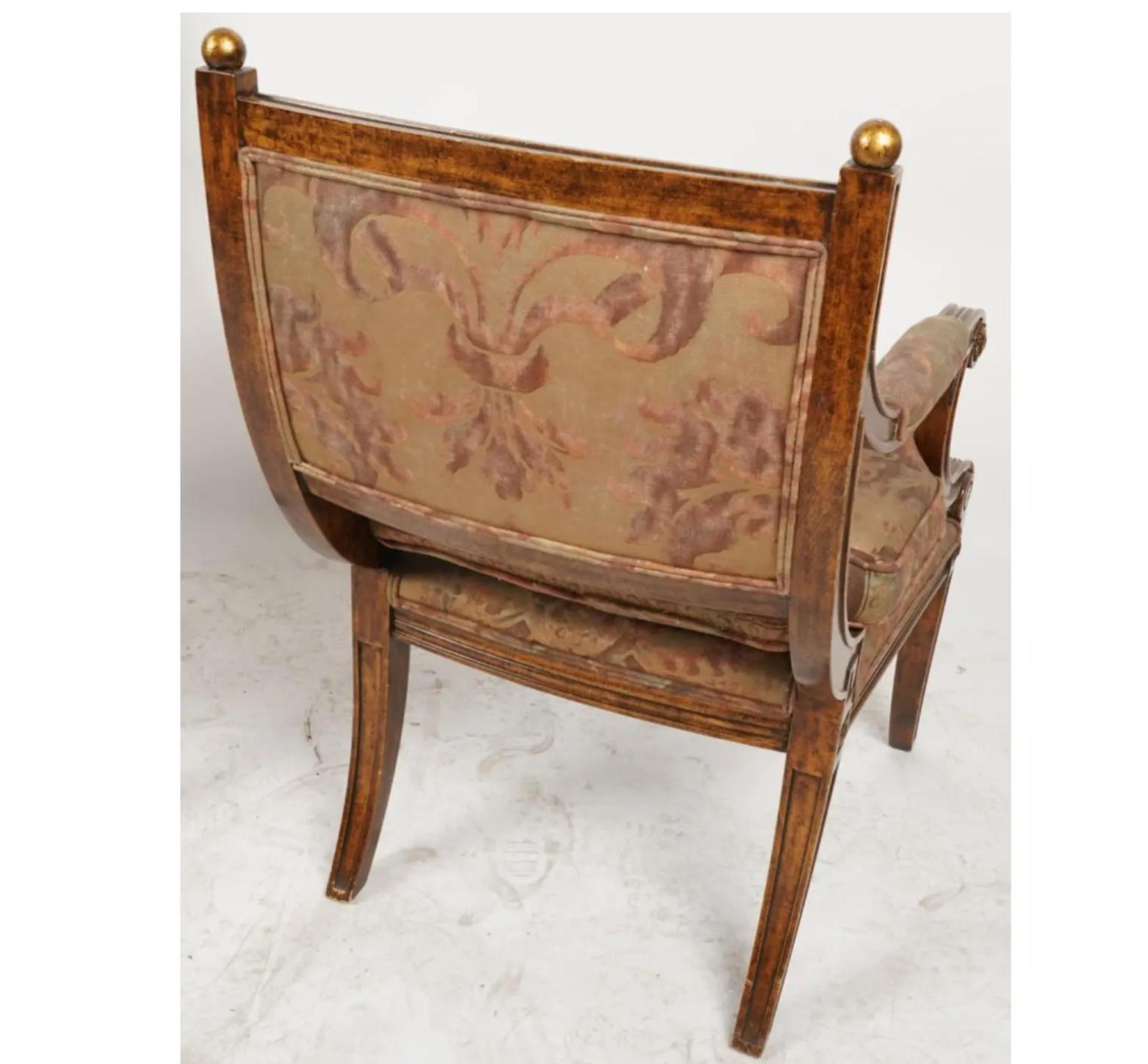 Pair of Regency Style Fortuny Giltwood Arm Chairs In Good Condition For Sale In LOS ANGELES, CA