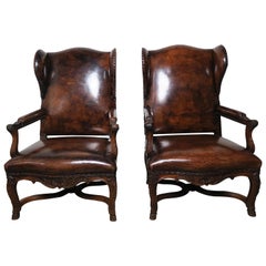 Antique Pair of Regency Style French Leather Wing-Back Armchairs