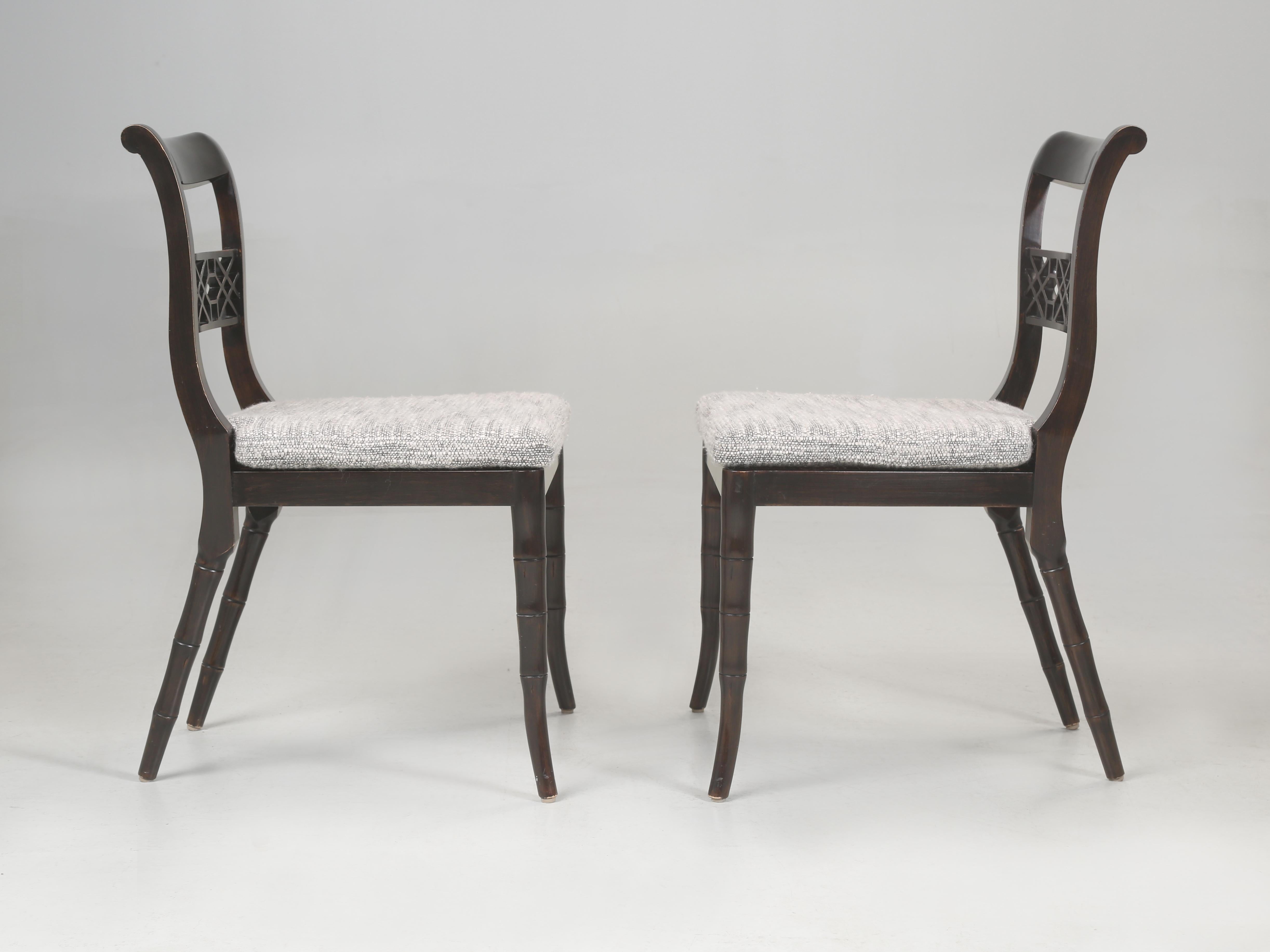Pair of Regency Fret (short for fretwork) Side Chairs from the Iatesta Studio Collection. The Iatesta Regency Side Chairs are made with cane seat bottoms and were fitted with a pair of beautiful custom made fitted seat cushions. Each David Iatesta
