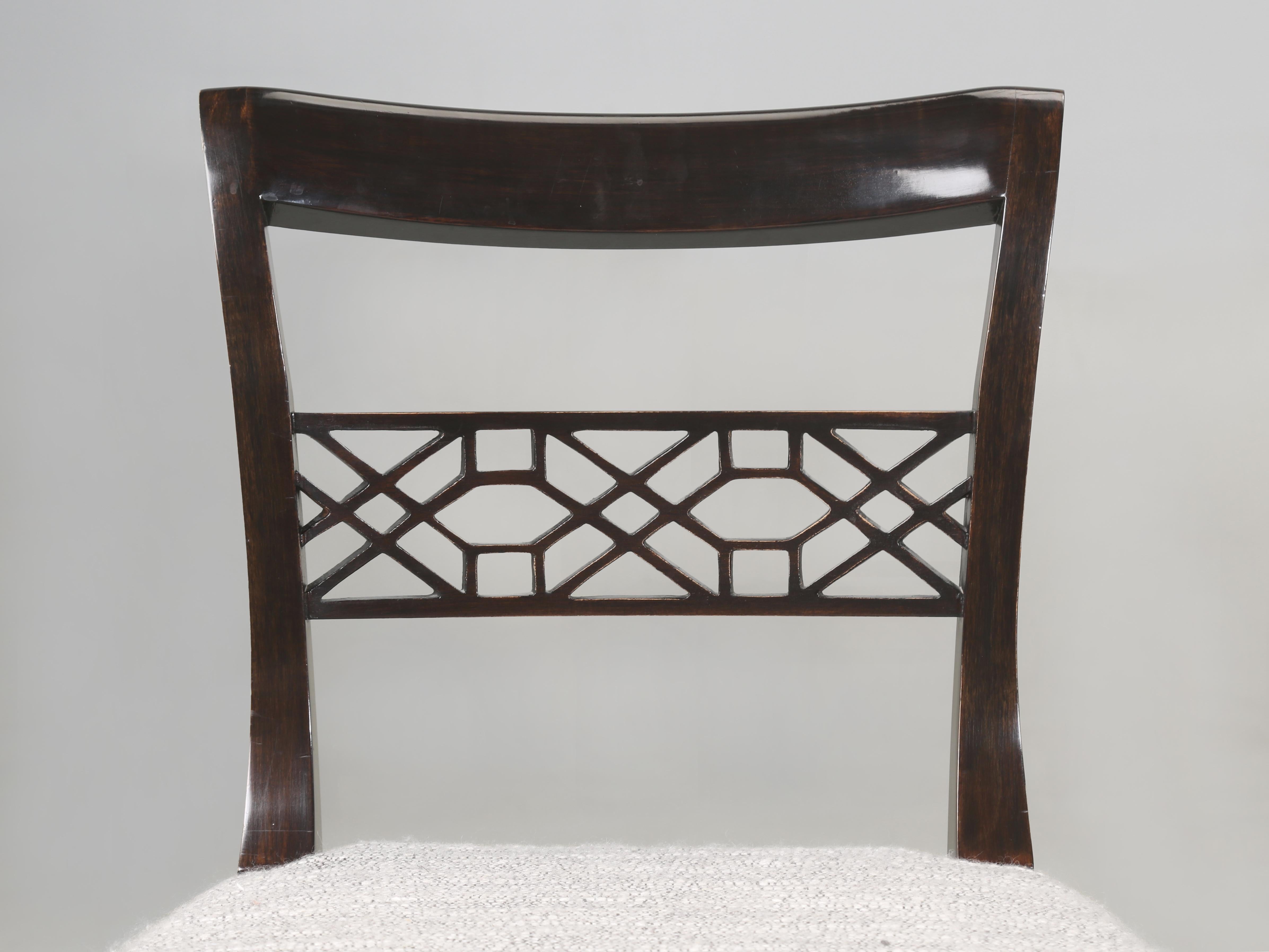 Hand-Painted Pair of Regency Style Fret Chairs from Iatesta Studio Collection with Cushions For Sale