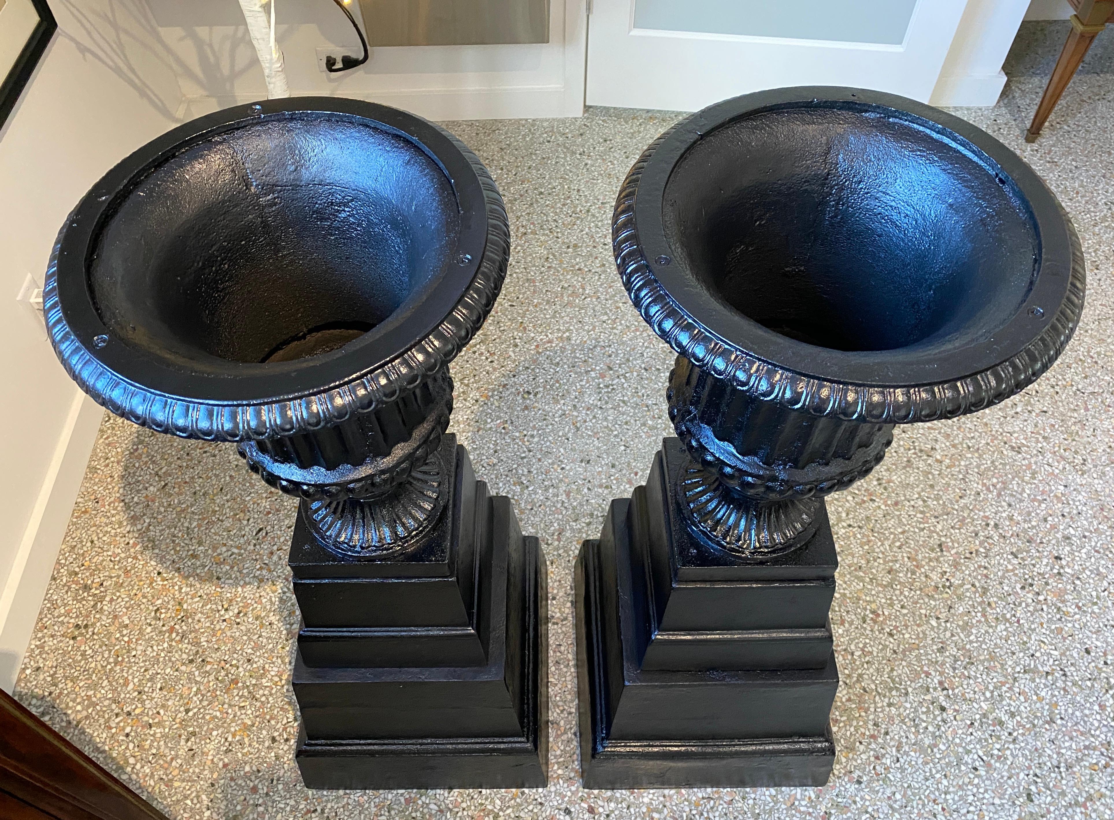 Cast Pair of Regency Style Garden Urns on Stand For Sale