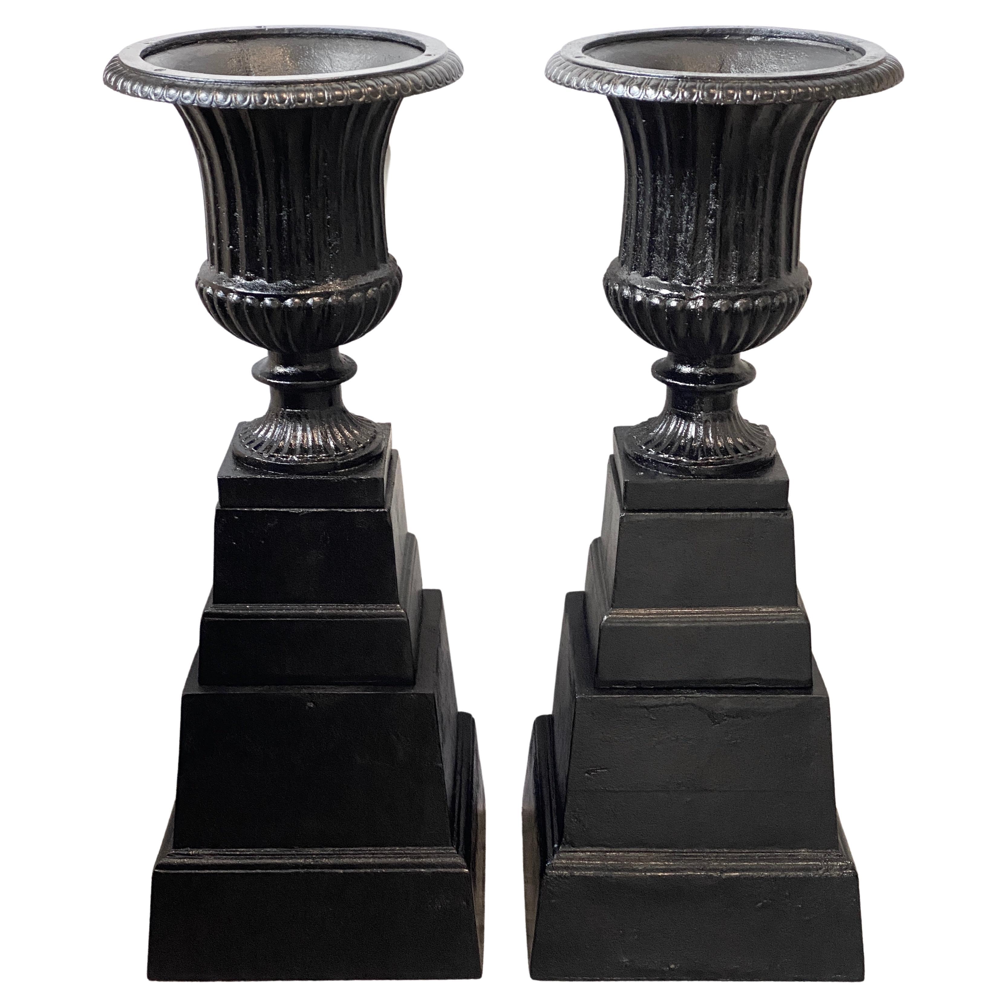 Pair of Regency Style Garden Urns on Stand For Sale