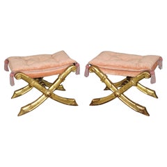 Pair of Regency Style Genuine Gold Gilt Sword and Tassel X Style Benches