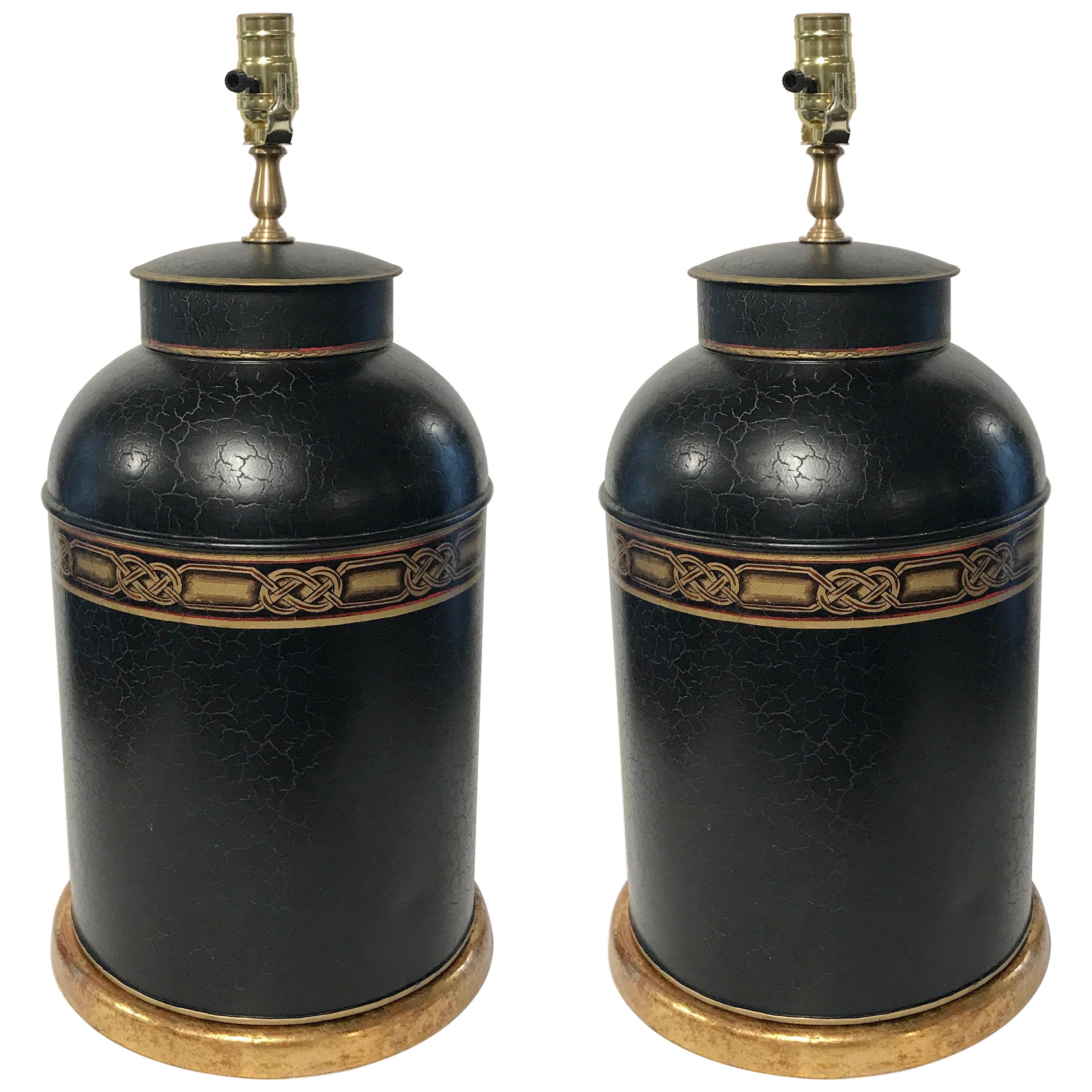 Pair of Regency Style Gilt Decorated Tole Tea Canisters, Now as Lamps For Sale