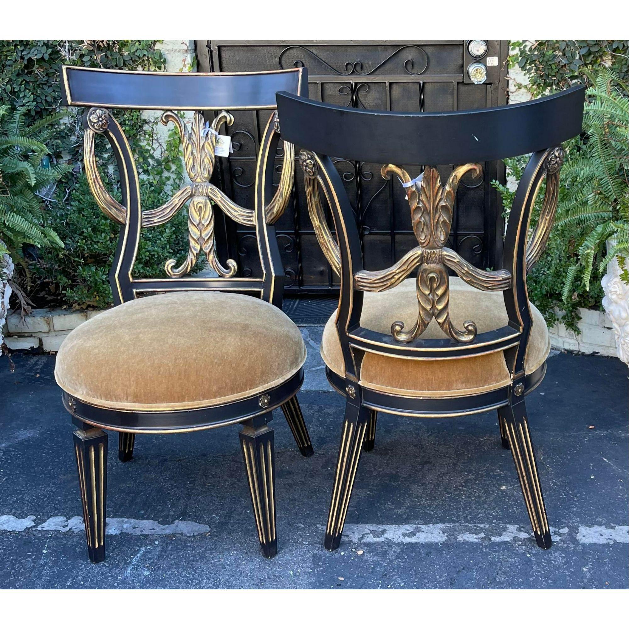 Ebonized Pair of Regency Style Giltwood & Mohair Chairs by Randy Esada Designs for Prospr For Sale