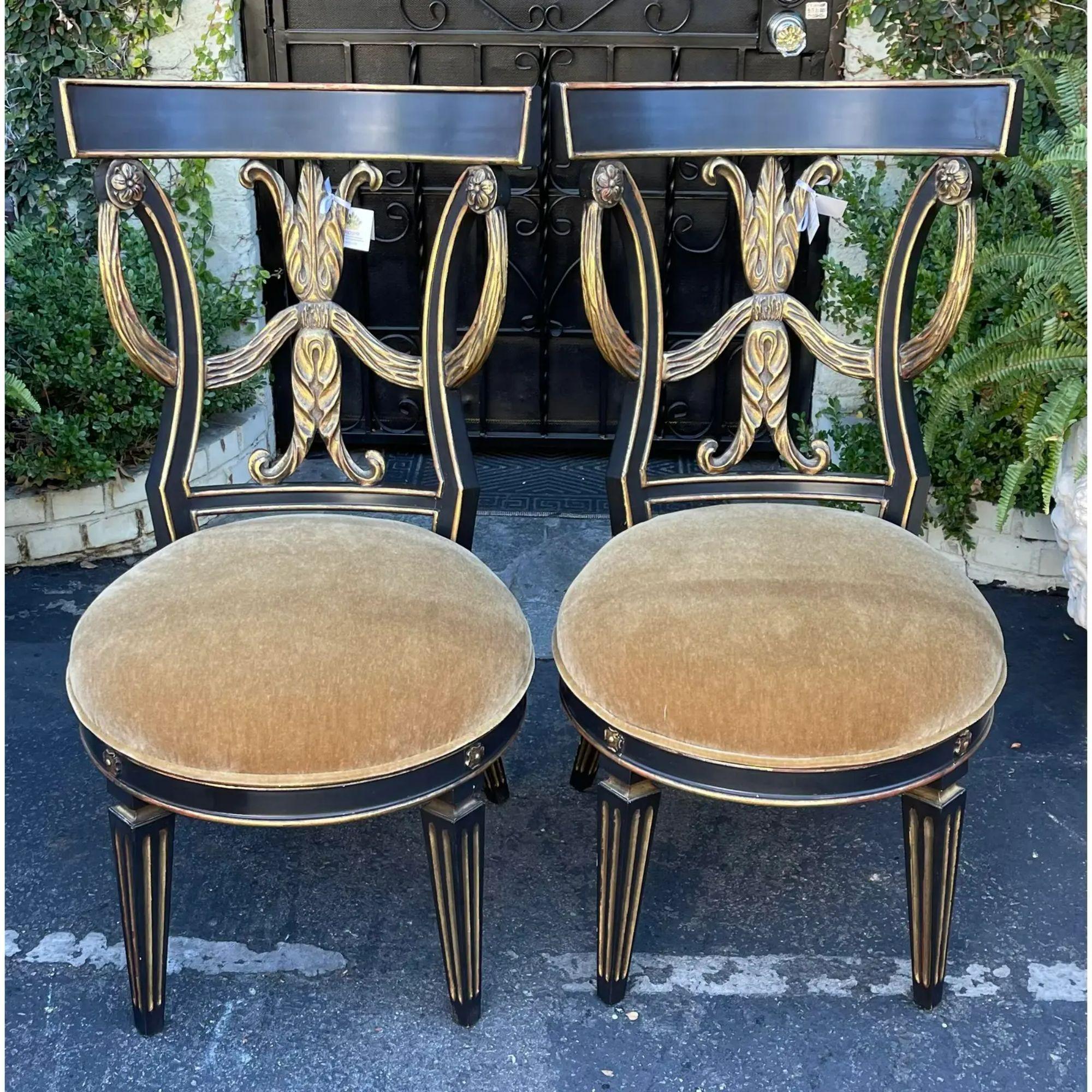 Contemporary Pair of Regency Style Giltwood & Mohair Chairs by Randy Esada Designs for Prospr For Sale