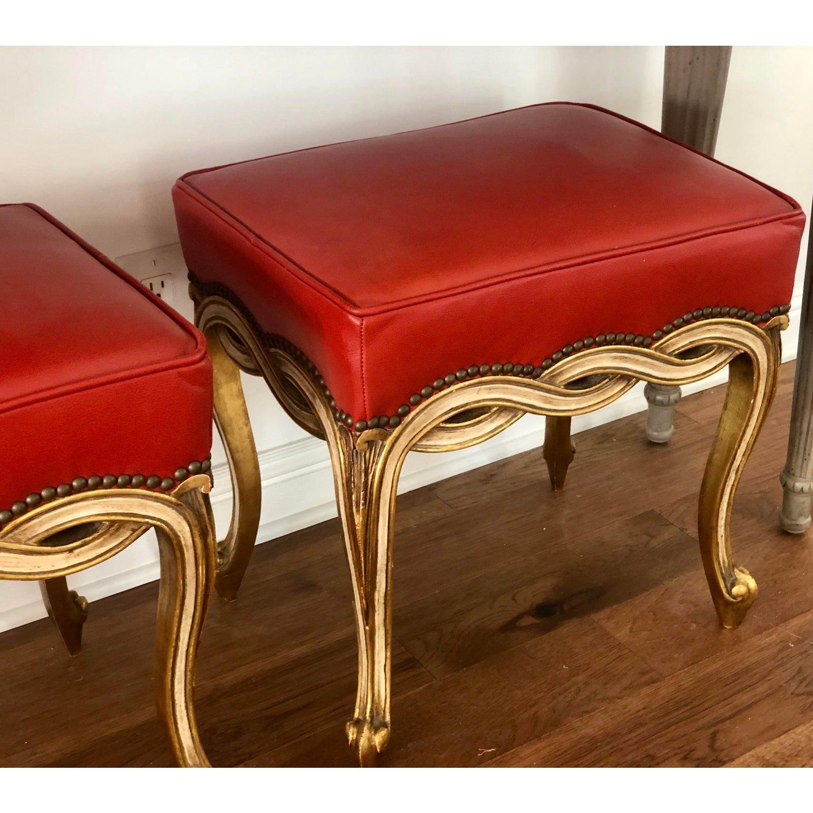 Pair of Regency Style Ribbon Taboret Bench by Randy Esada Designs for Prospr in Red-orange Leather.

Additional information:
Materials: Giltwood, Leather
Color: Orange
Brand: Randy Esada Designs for Prospr
Designer: Randy Esada Designs for