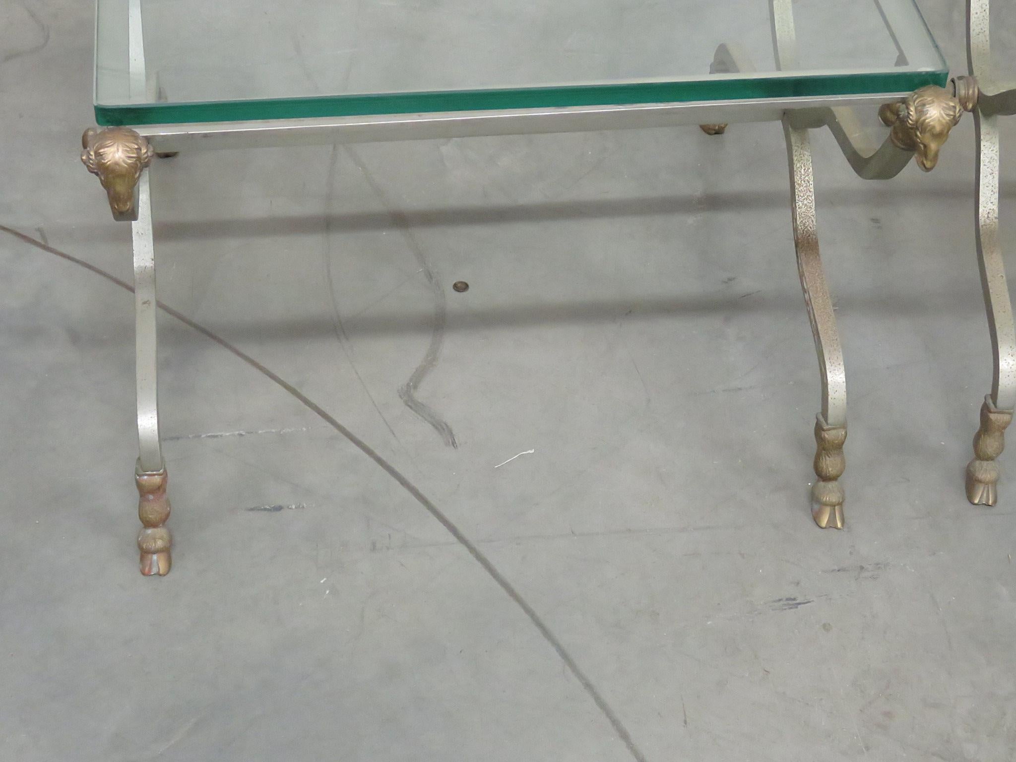 Regency Pair of Maison Jansen Style Rams Head Brass and Steel Glass Top End Tables