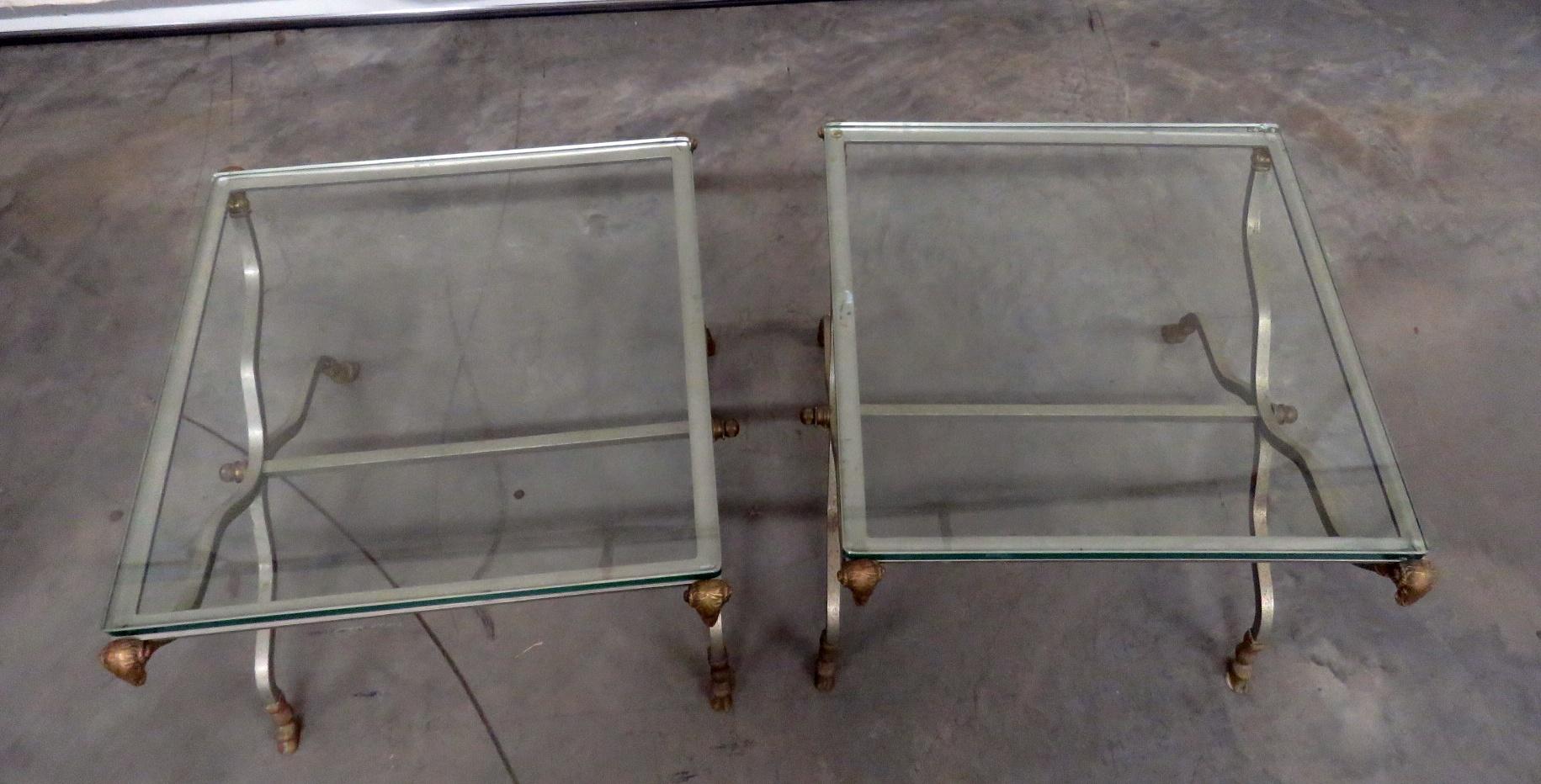 Pair of Maison Jansen Style Rams Head Brass and Steel Glass Top End Tables In Good Condition In Swedesboro, NJ