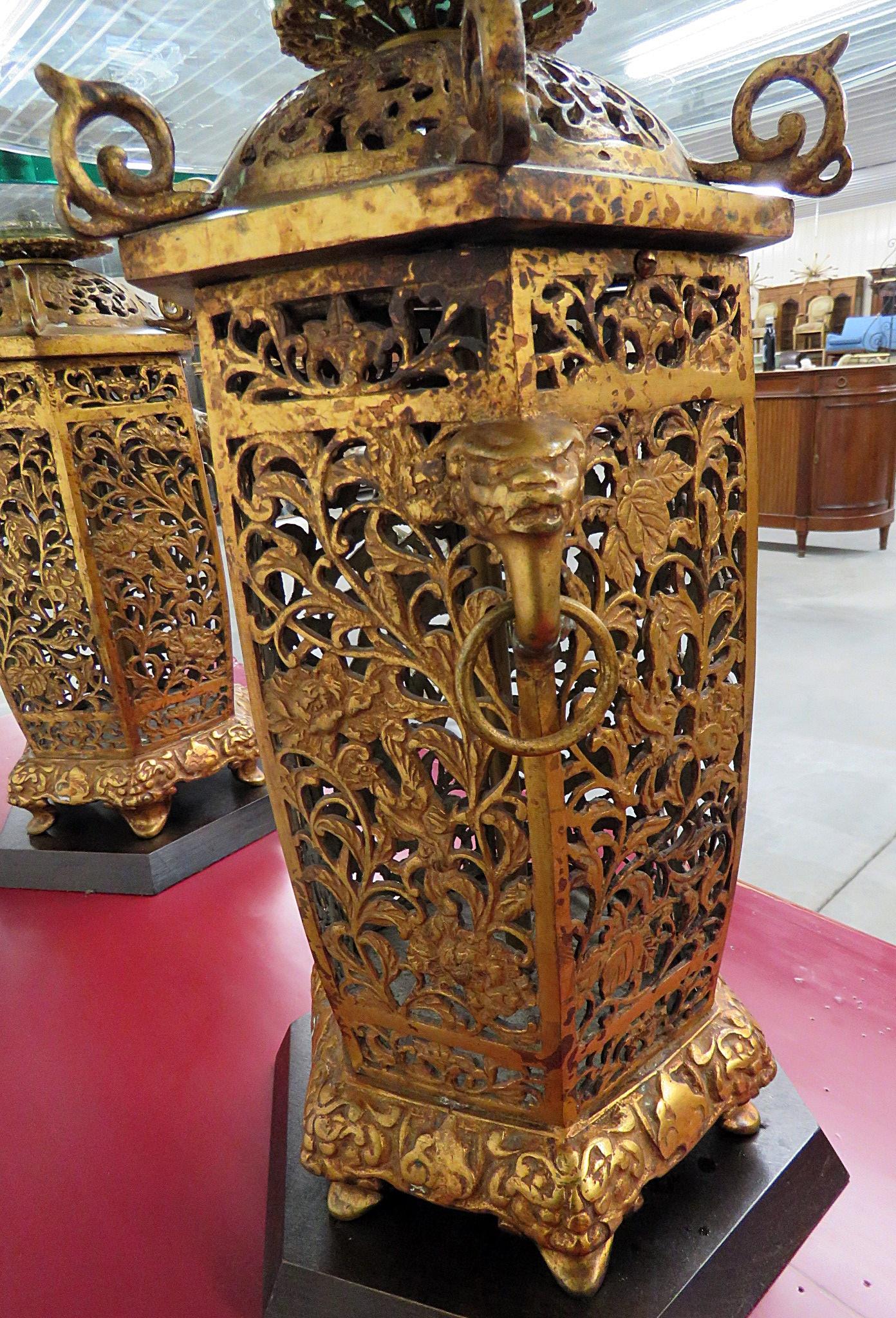 20th Century Pair French Dore' Bronze Oriental Style Ginger Jar Form Glass Top End Tables